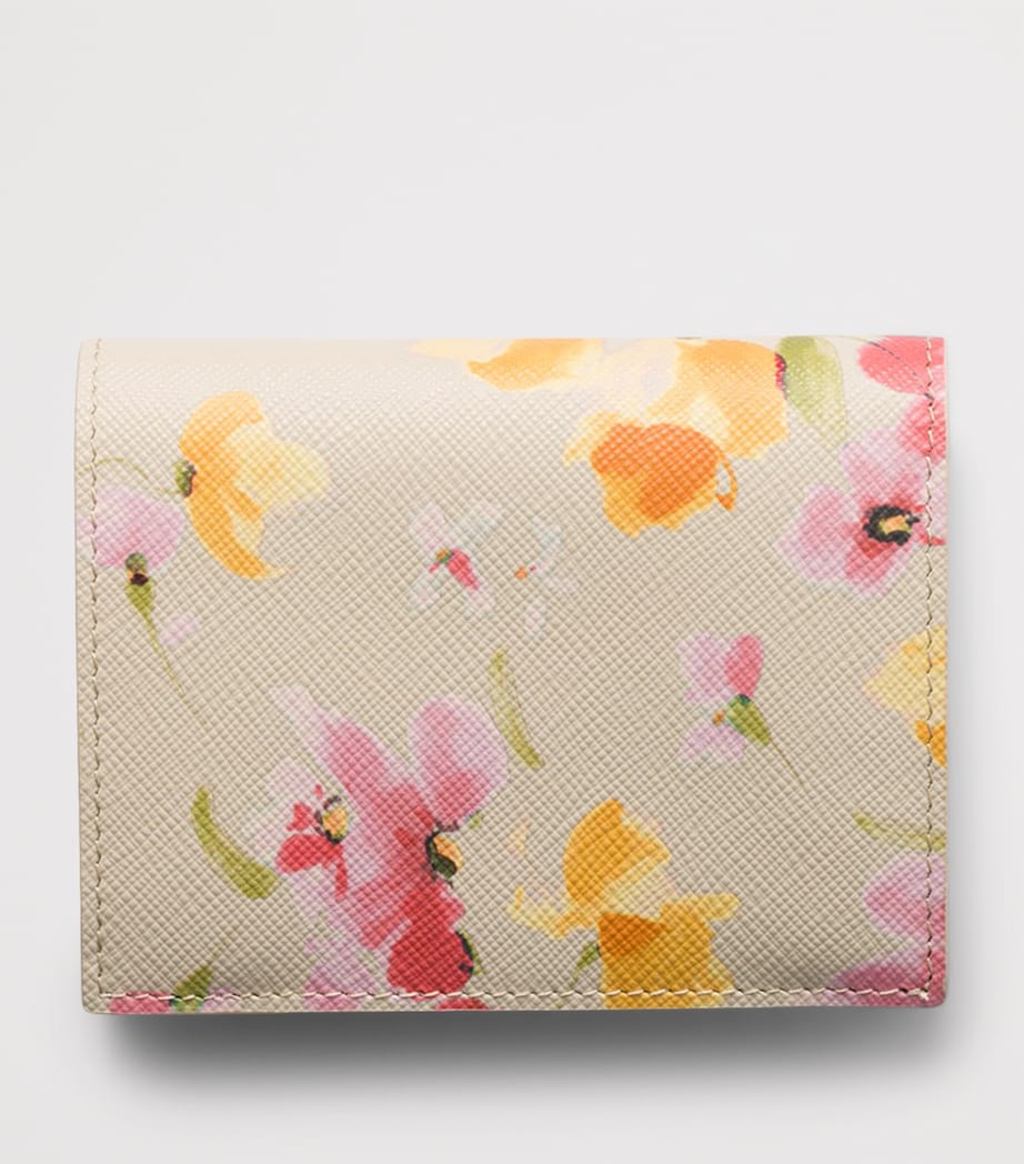 Prada Neutral Small Saffiano Leather Floral Bifold Wallet