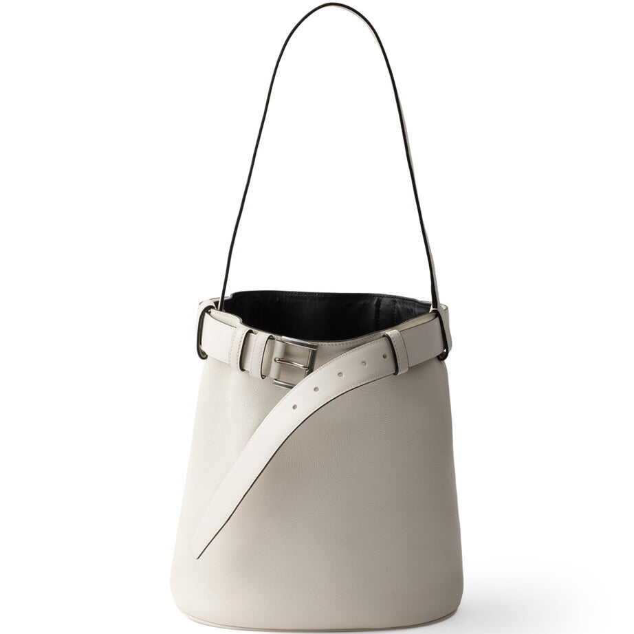 Prada White Leather Buckled Bucket Bag