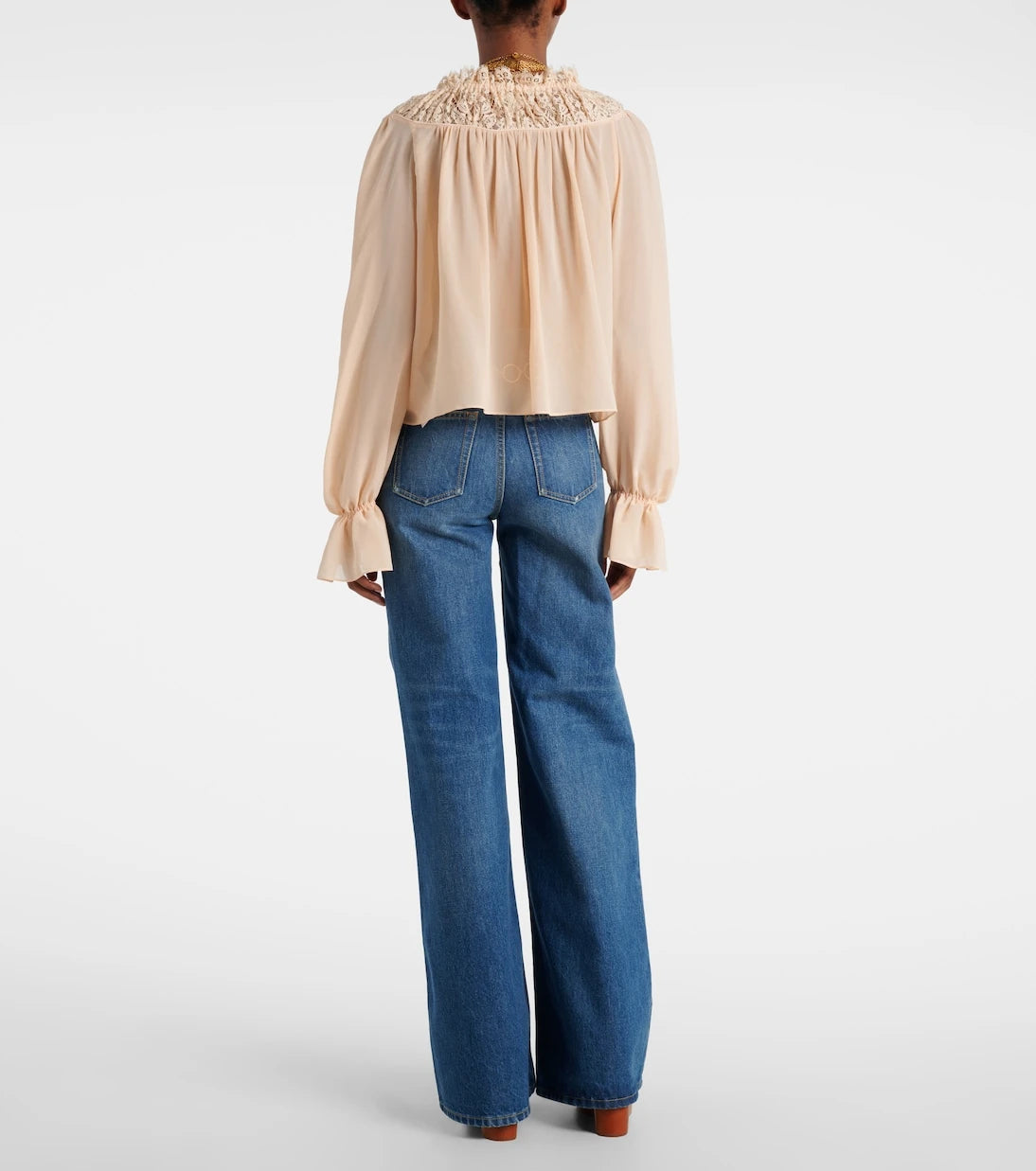 Chloé - Shirred cropped lace-trimmed silk blouse