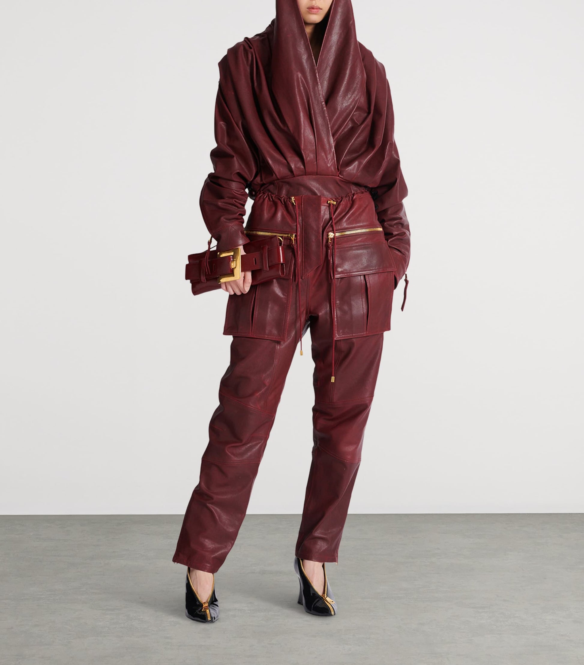 Balmain Brown Leather Hooded Mini Dress