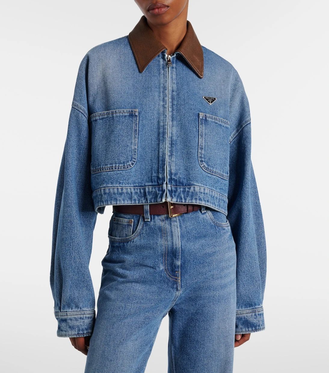 Prada - Leather-trimmed cropped denim jacket