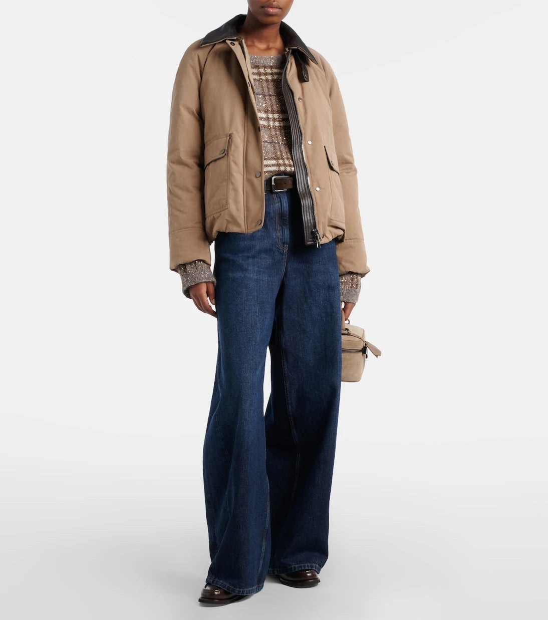 Brunello Cucinelli - Leather-trimmed barrel-leg jeans