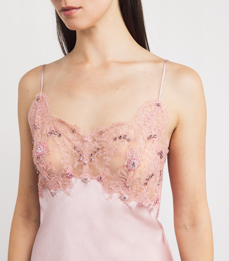 Rosamosario Pink Silk Embellished Slip Dress