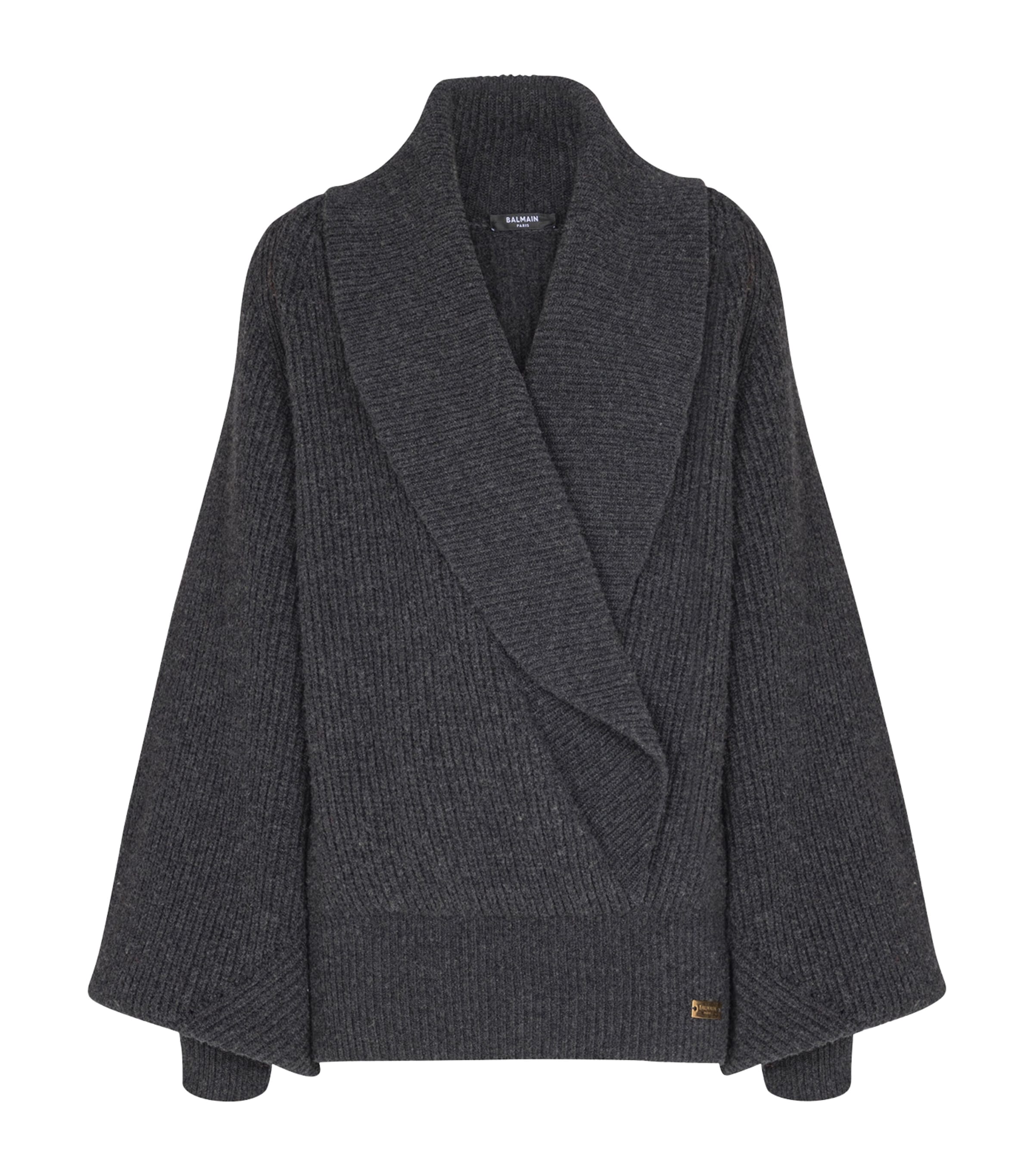 Balmain Grey Wool Oversized Wrap Sweater