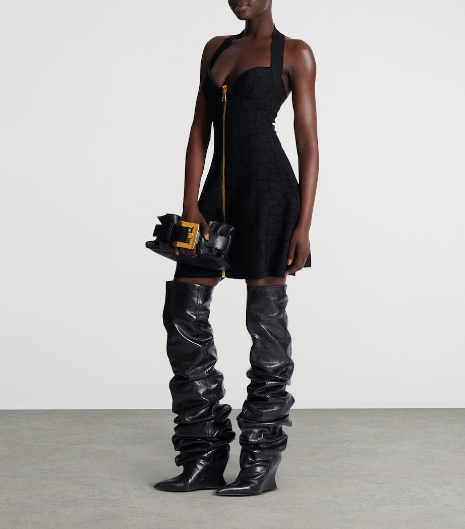 Balmain Black Croc-Effect Halterneck Mini Dress