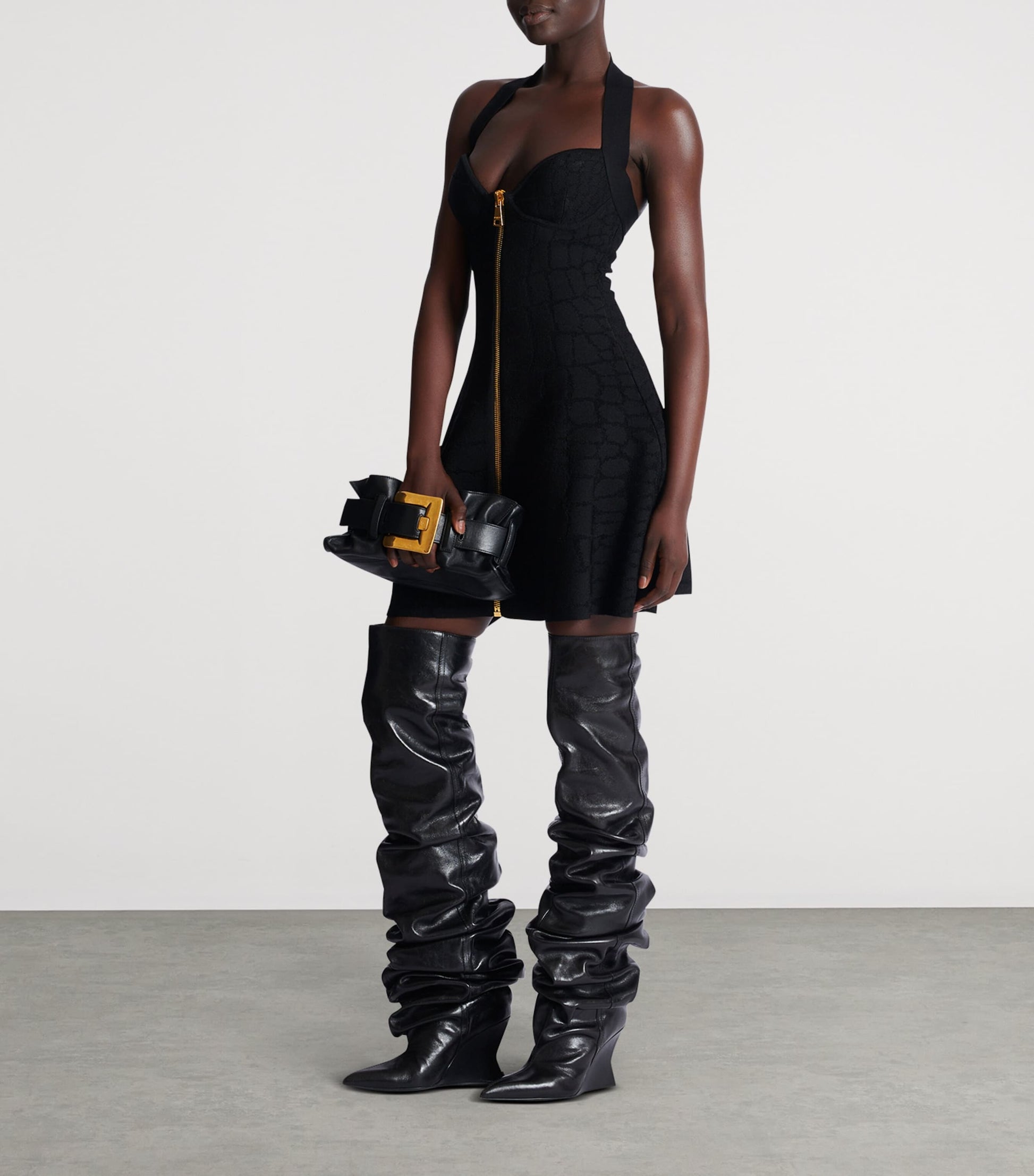 Balmain Black Croc-Effect Halterneck Mini Dress