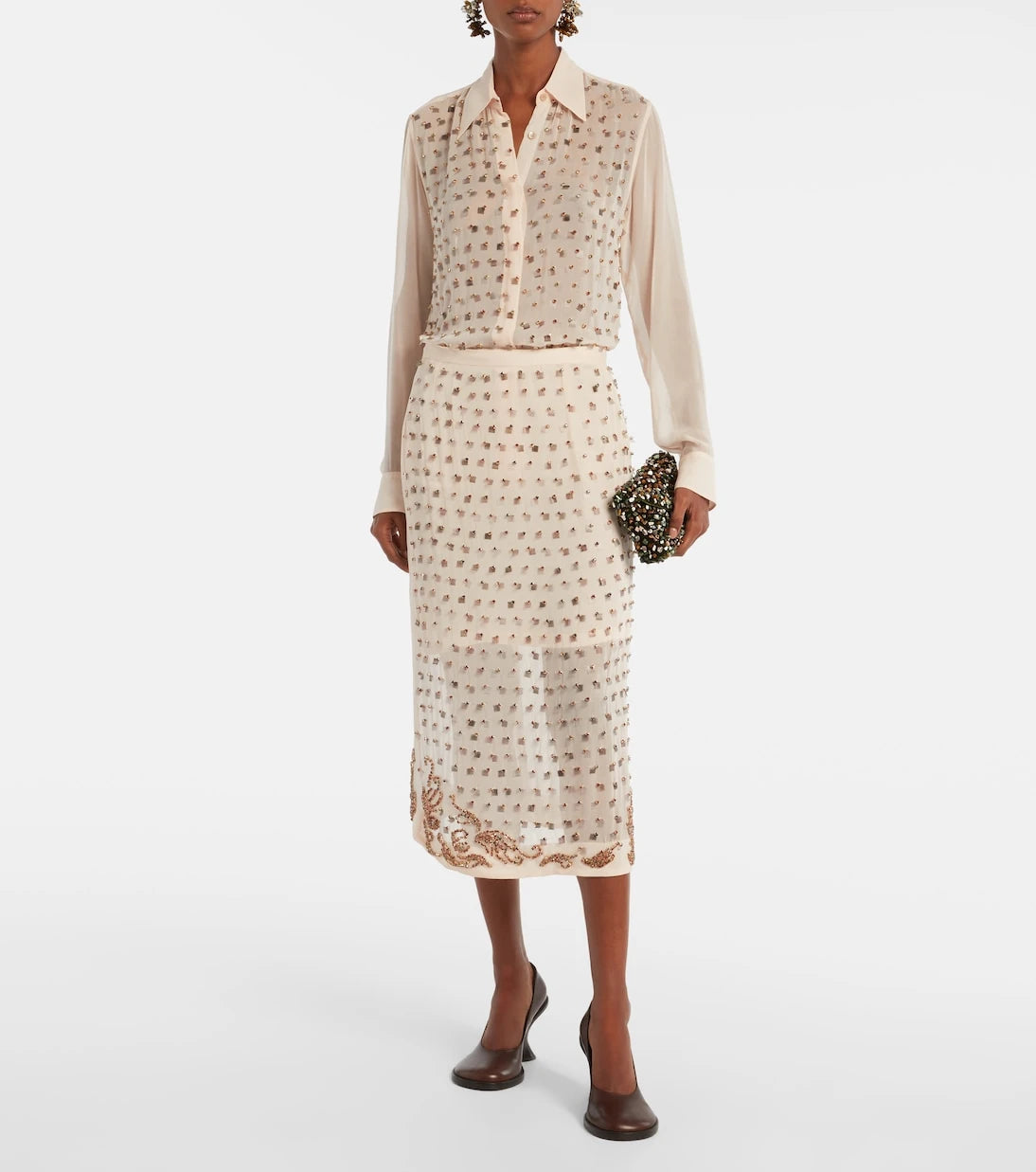 Dries Van Noten - تنورة ميدي شفافة مزينة