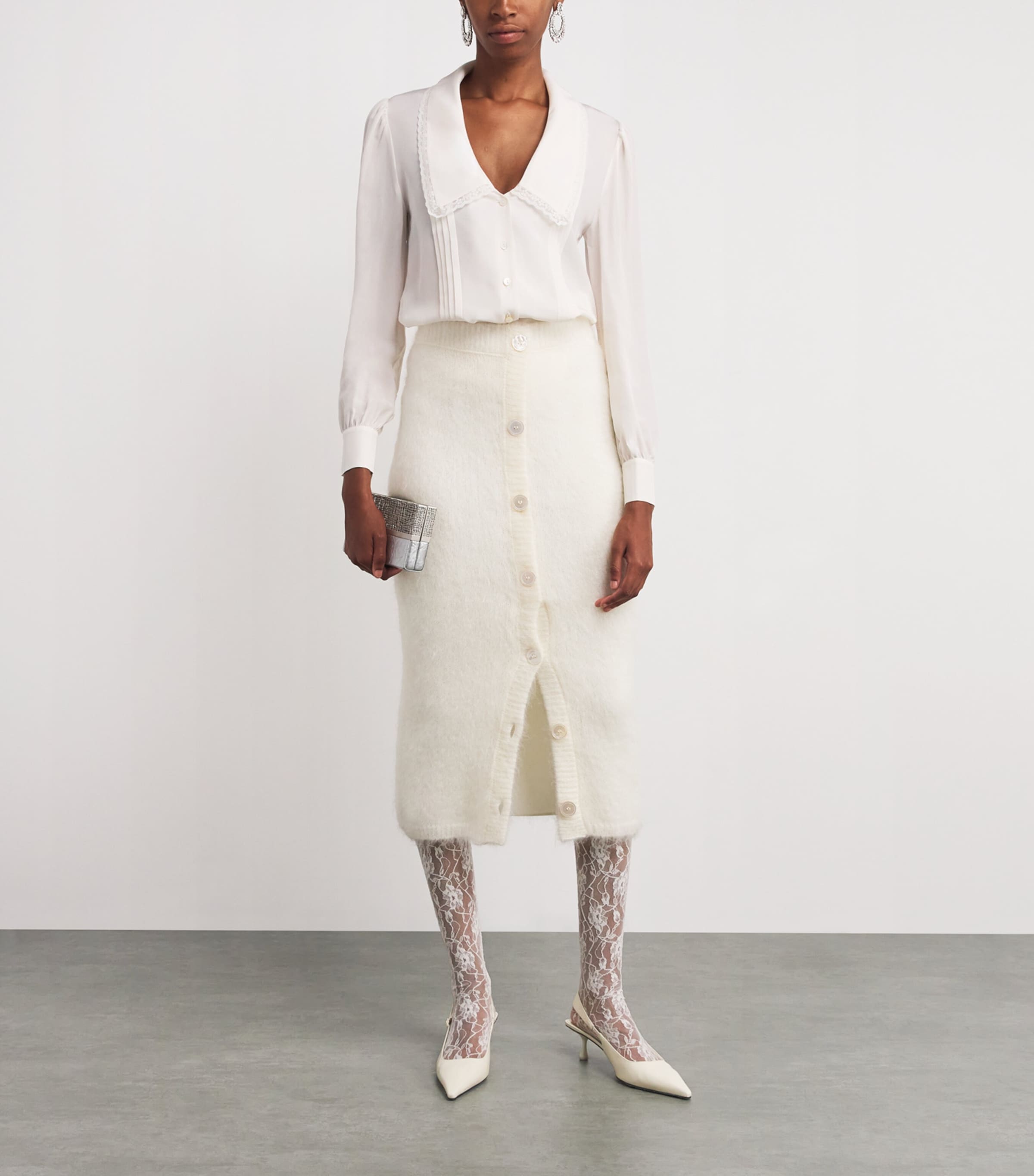 White Silk Lace-Trim Blouse