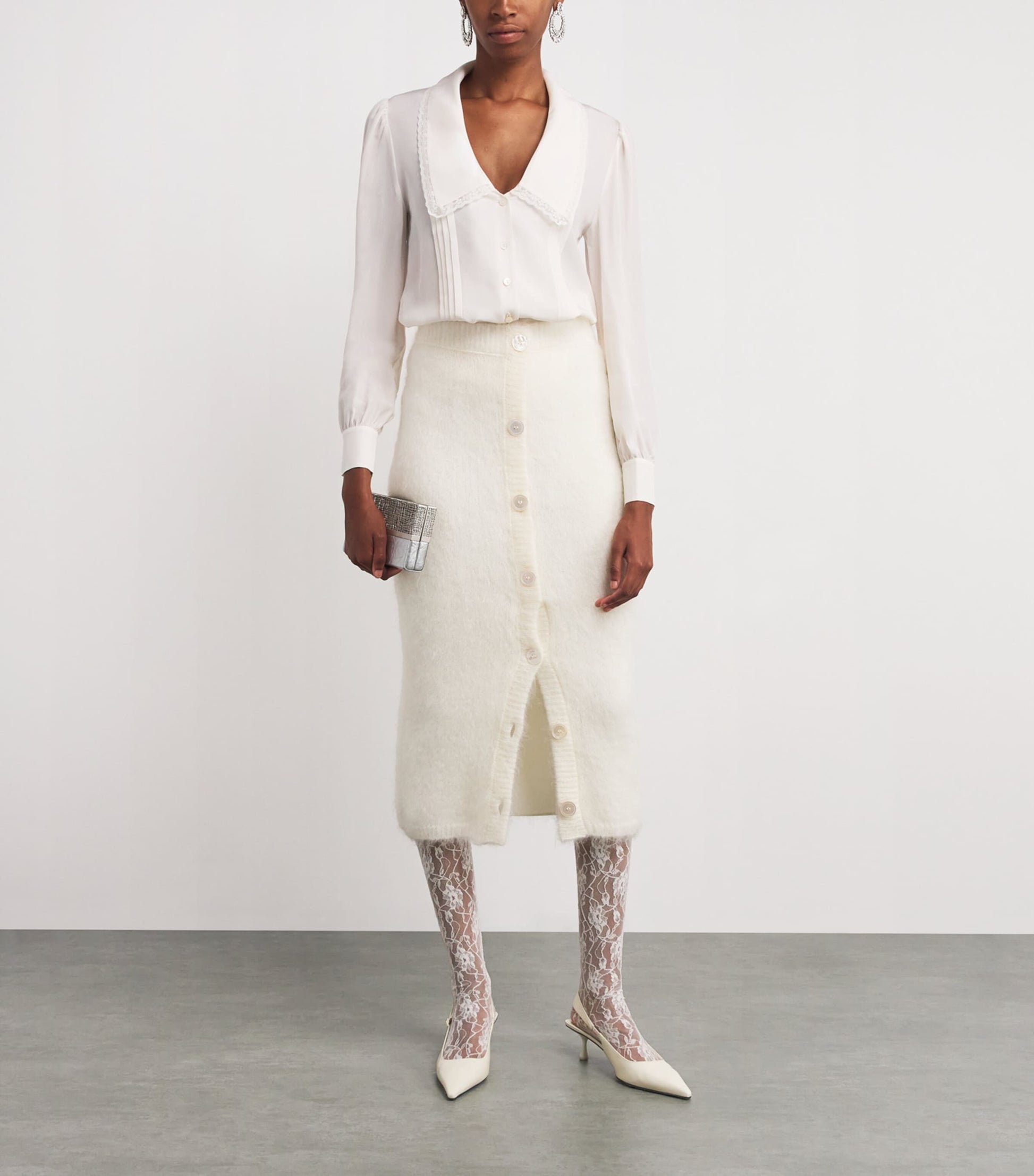 White Silk Lace-Trim Blouse