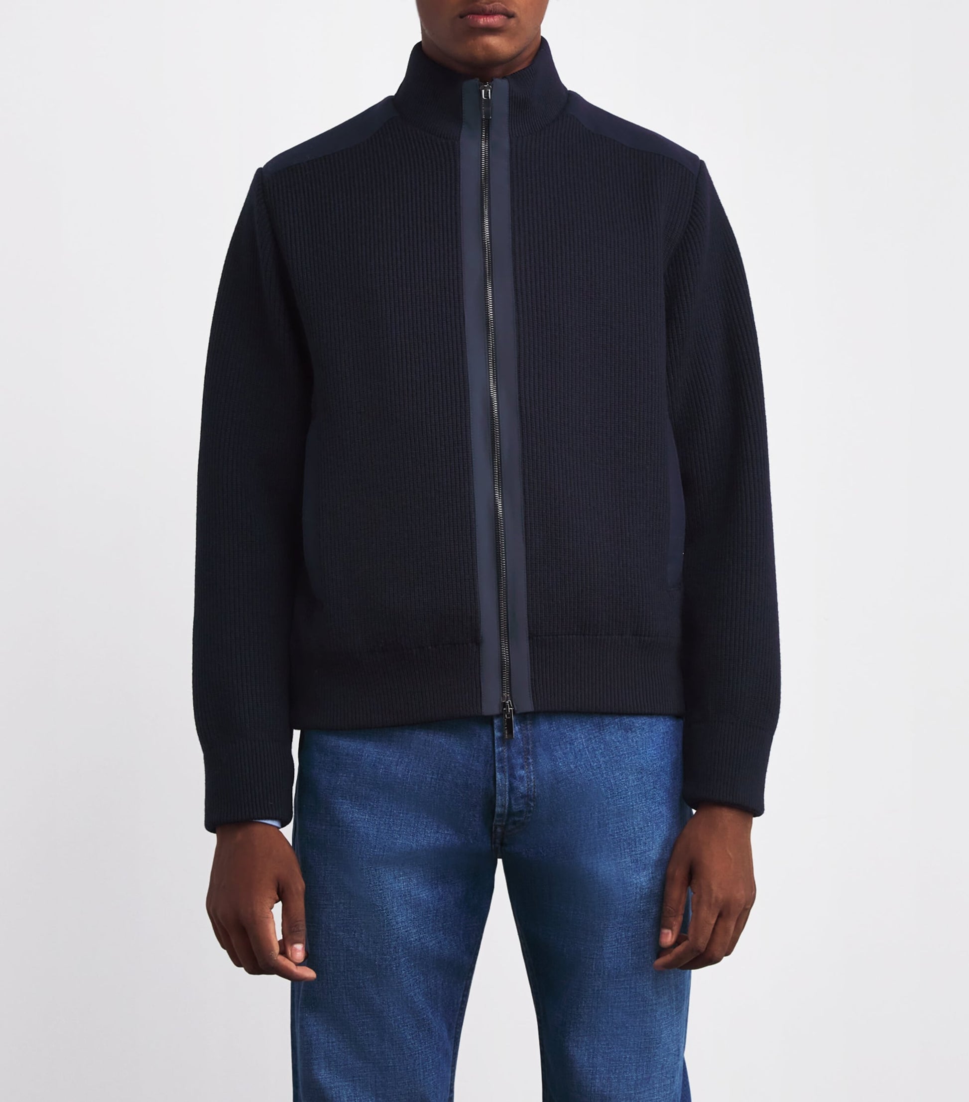 Paul & Shark Blue Wool Panelled Ribbed Zipped Sweater
