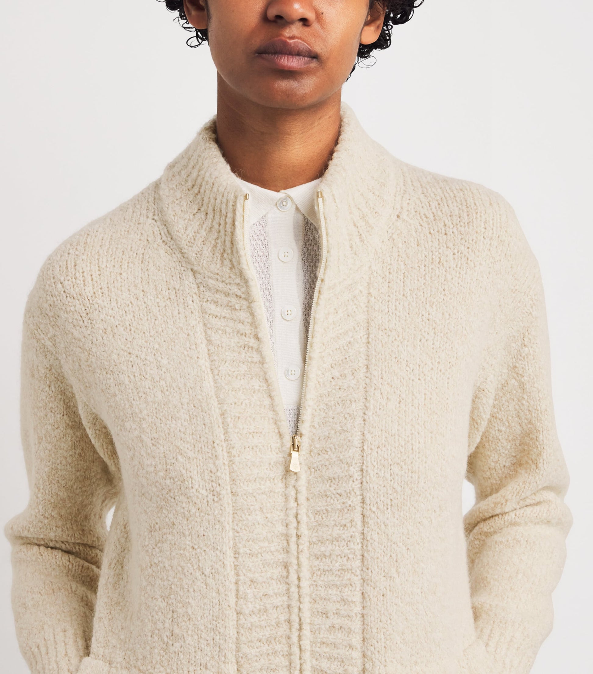 Eleventy Beige Wool-Blend Knitted Zip-Up Jacket