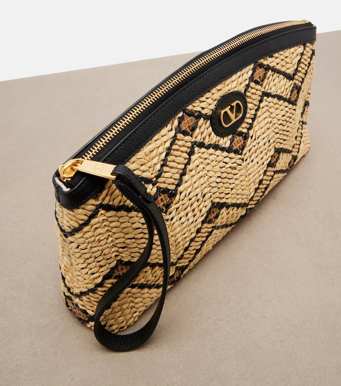 Valentino Garavani - VLogo Small leather-trimmed raffia pouch