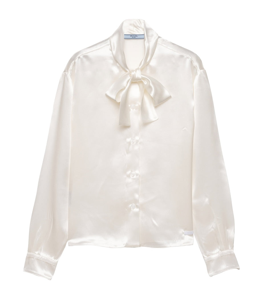 Prada White Satin Tie-Neck Blouse