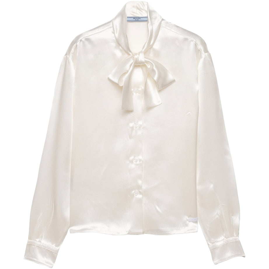 Prada White Satin Tie-Neck Blouse
