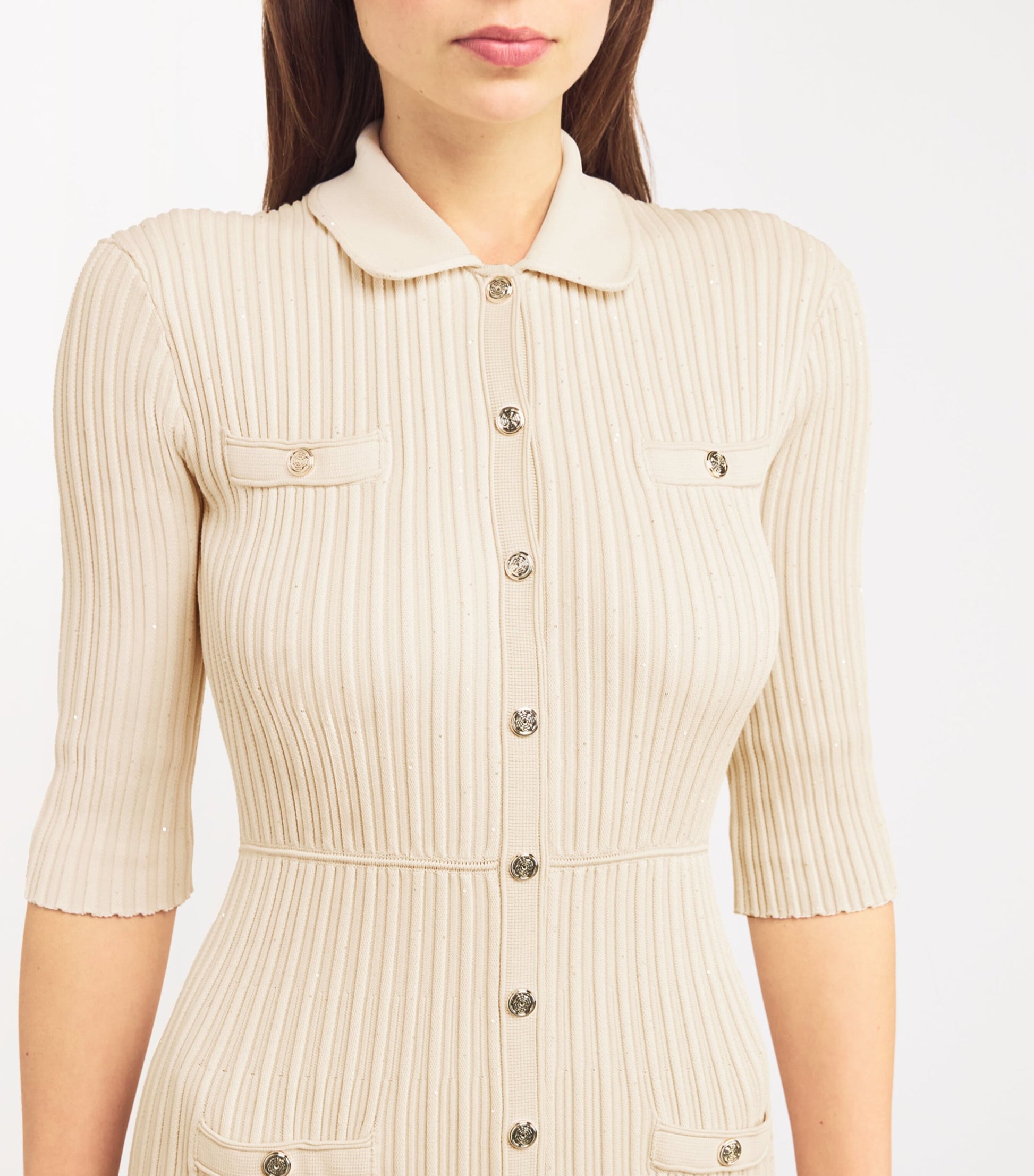 Neutral Sequinned Ribbed Midi Dress