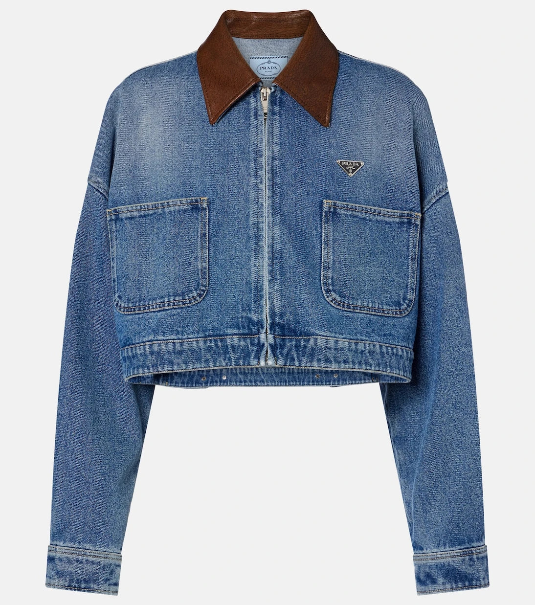 Prada - Leather-trimmed cropped denim jacket