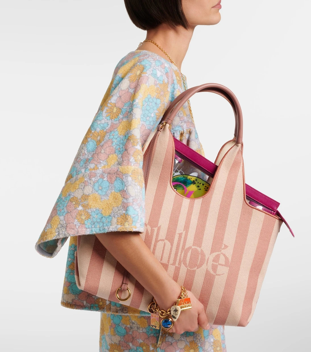 Chloé - Chloé Stripy Large logo canvas tote bag