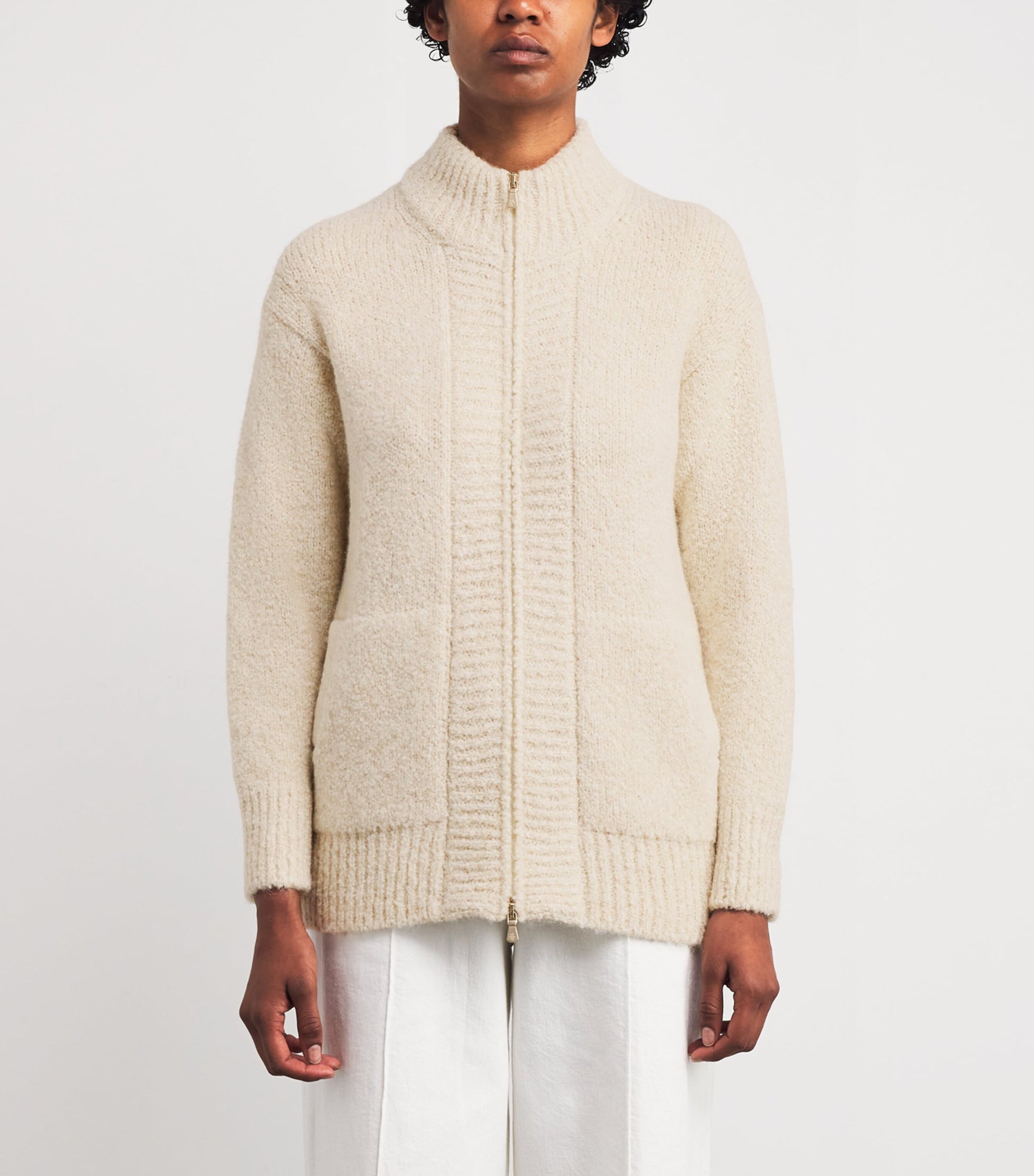 Eleventy Beige Wool-Blend Knitted Zip-Up Jacket