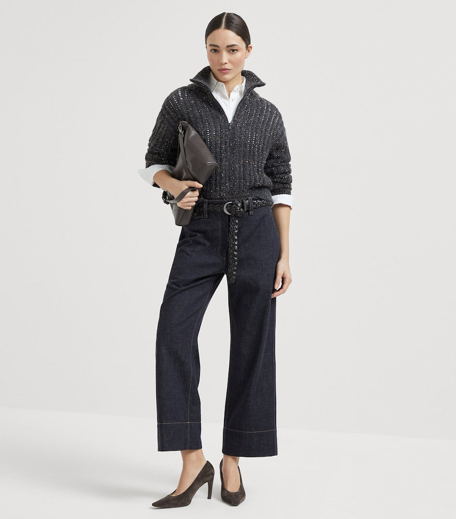 Sequin-Embellished High-Neck Cardigan