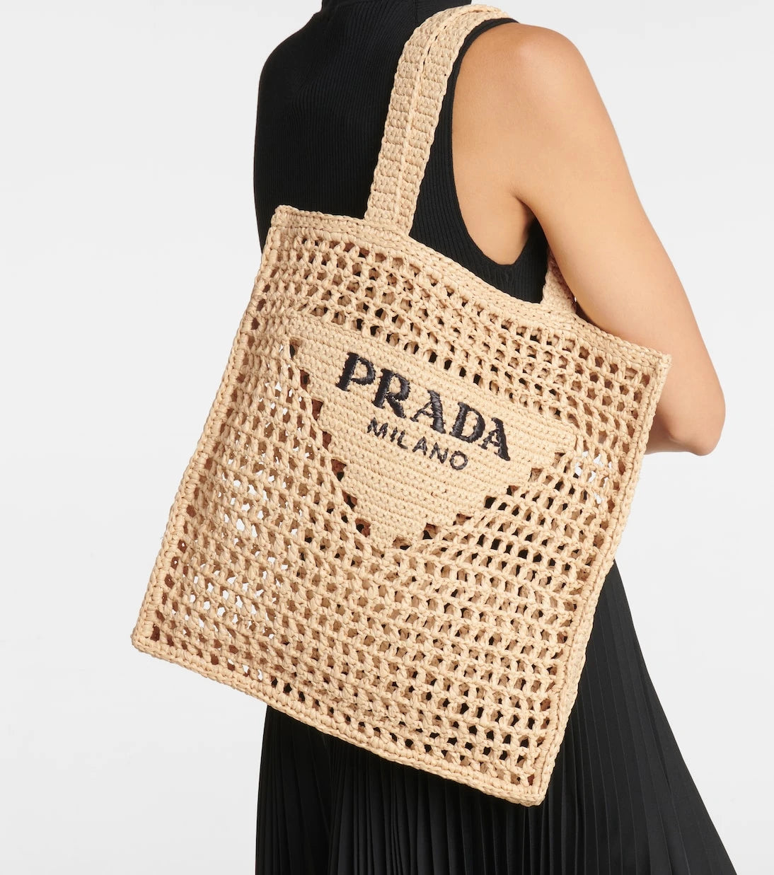 Prada - Small logo raffia tote
