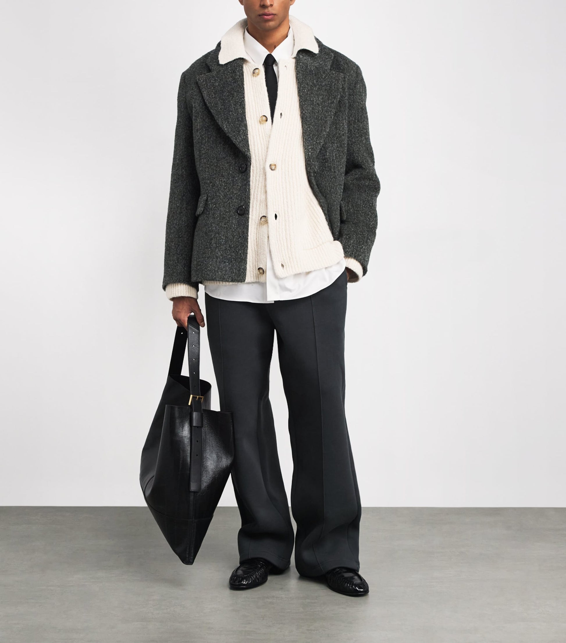 Beige Wool-Blend Rib-Knit Cardigan