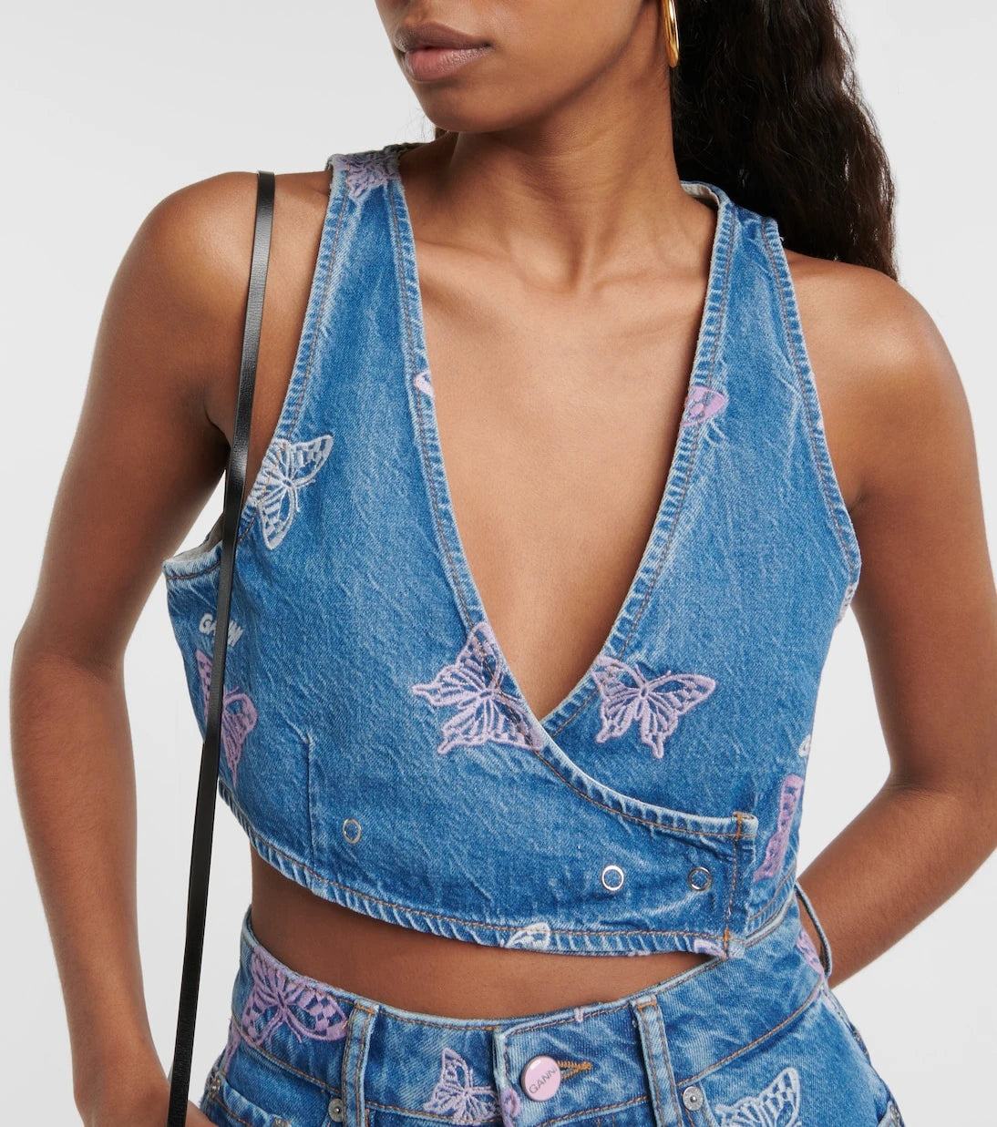Ganni - Embroidered denim crop top