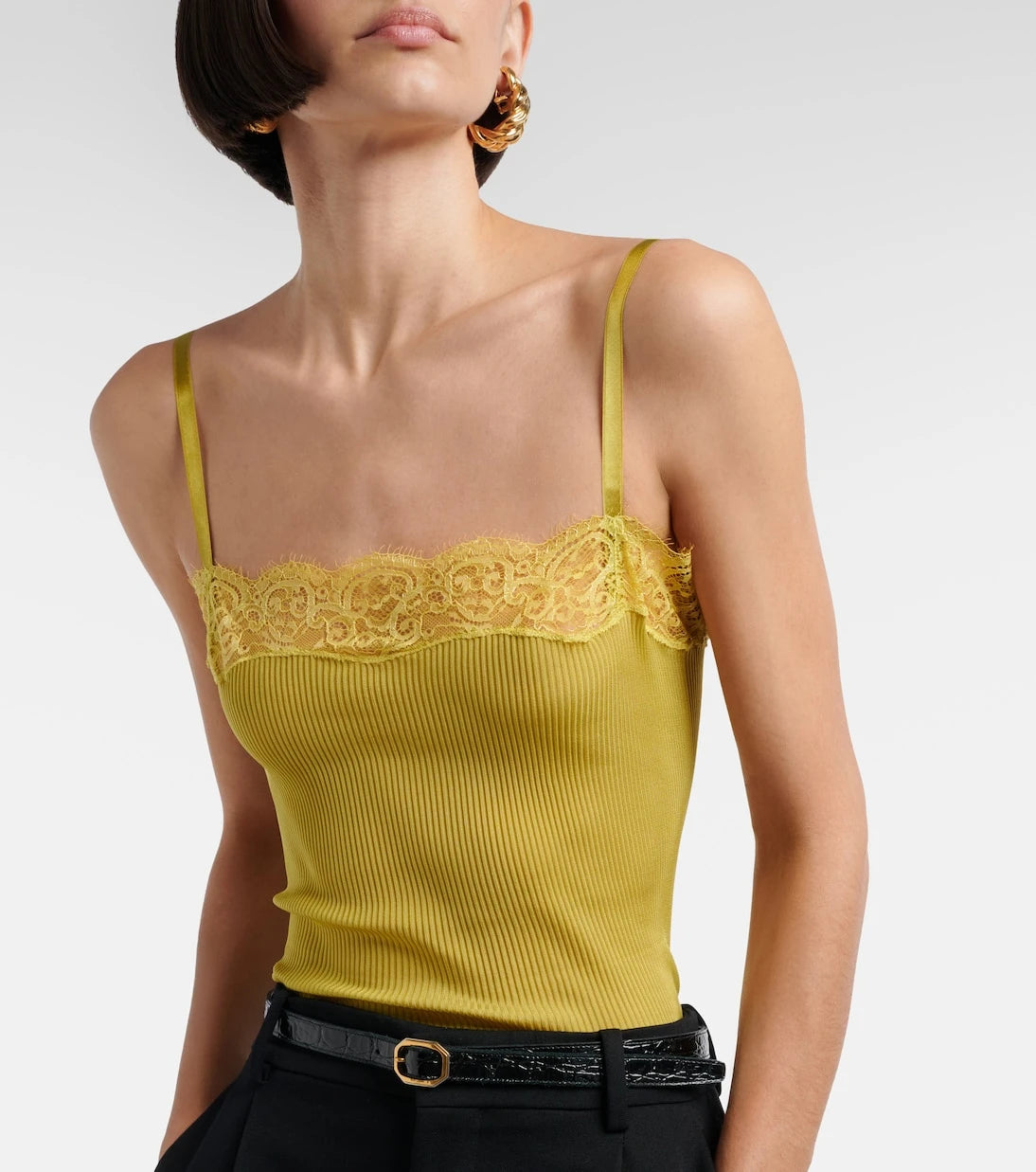 Saint Laurent - Lace-trimmed ribbed-knit silk camisole