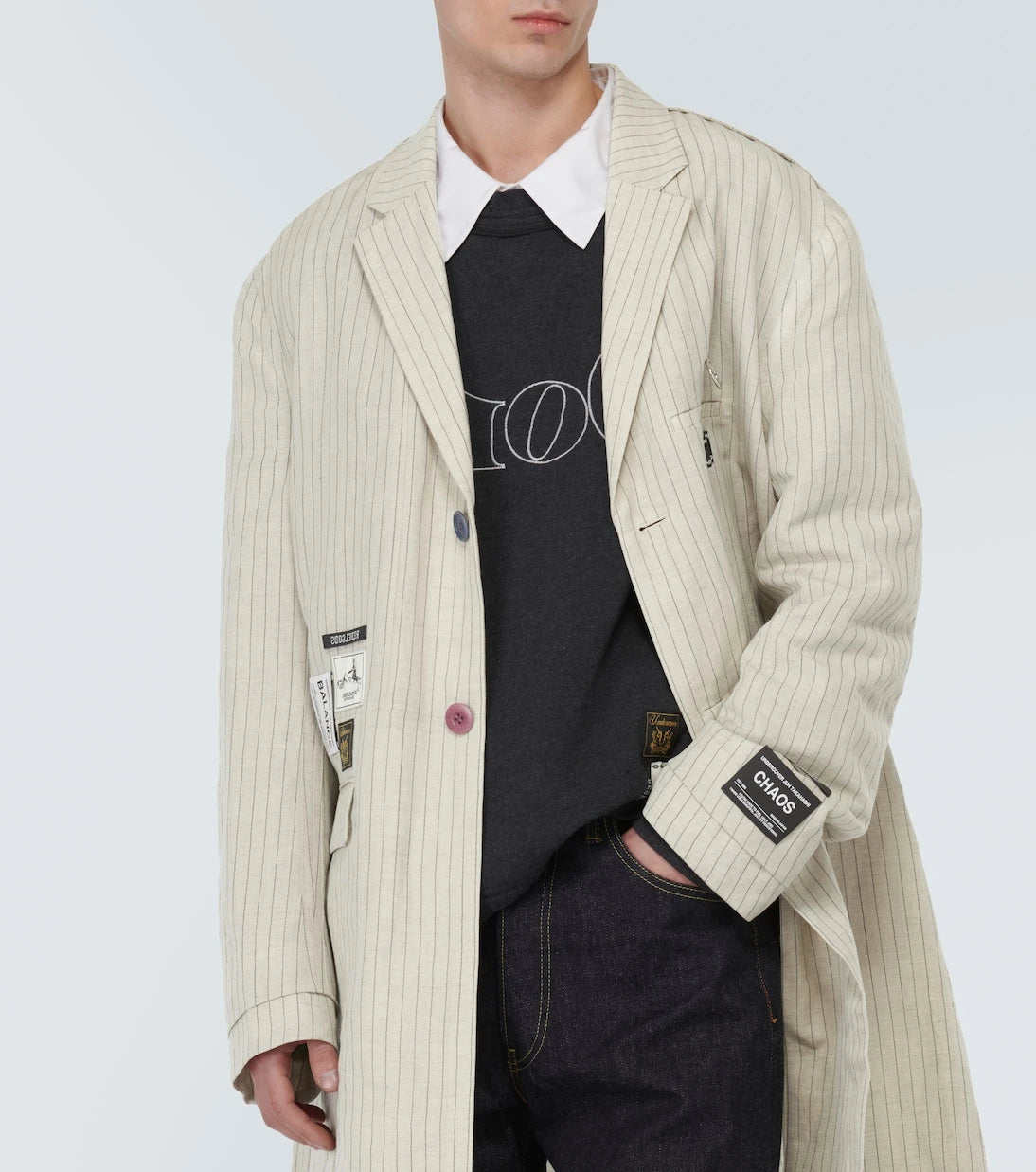 Undercover - Appliqué pinstripe wool and linen coat