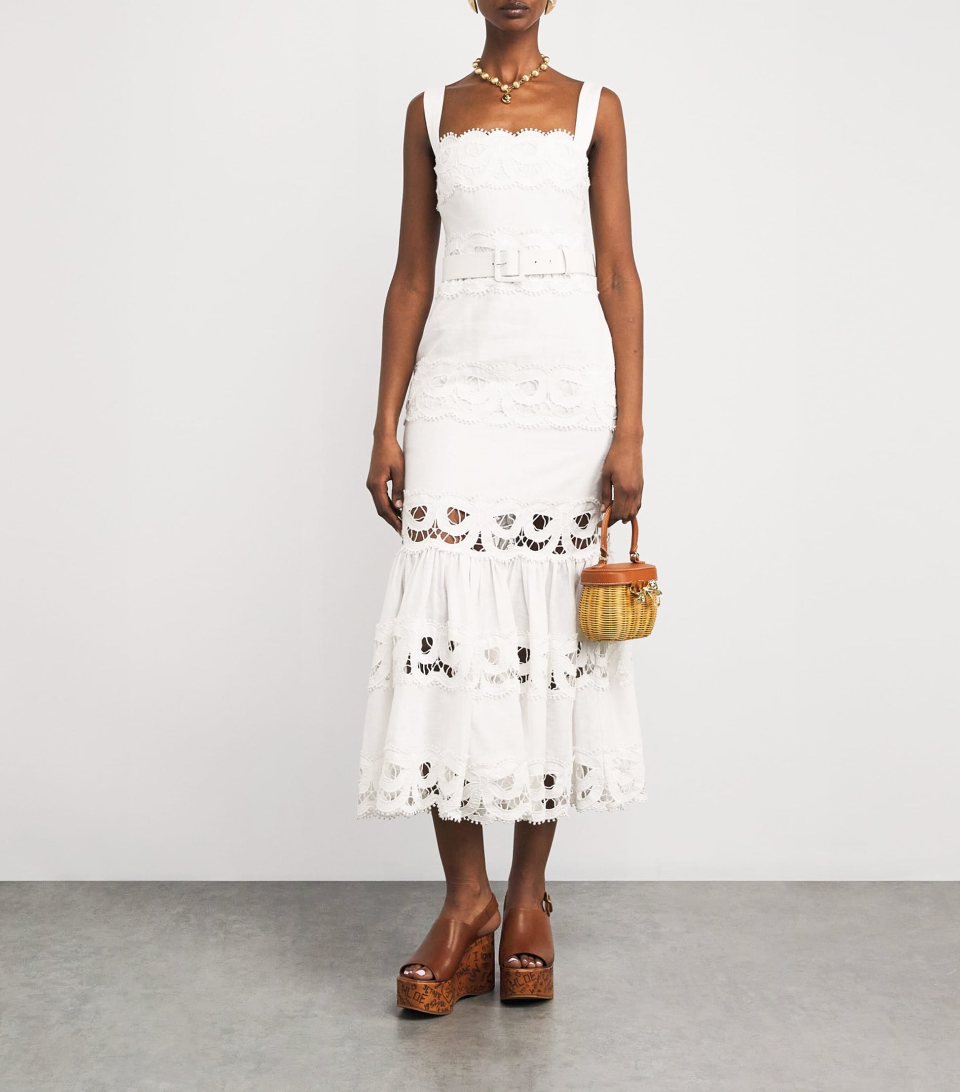 Self-Portrait Lace-Insert Belted Midi Dress WHITE