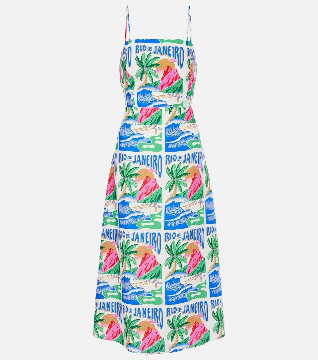 Farm Rio - Carioca Posters linen-blend midi dress
