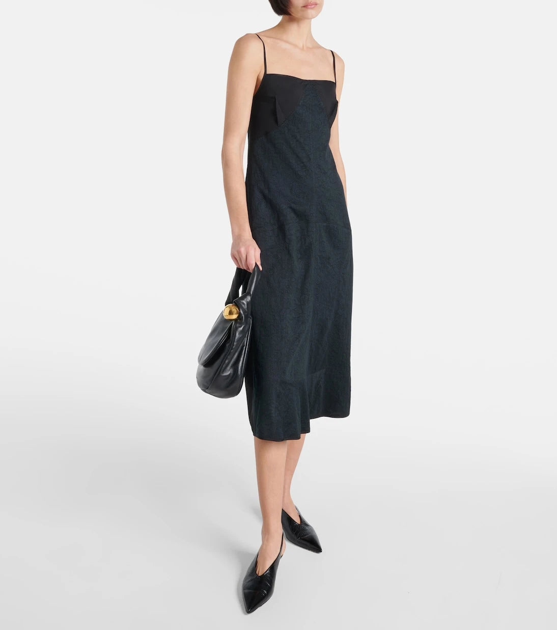 Jil Sander - فستان متوسط الطول من مزيج القطن ومزين بالدانتيل
