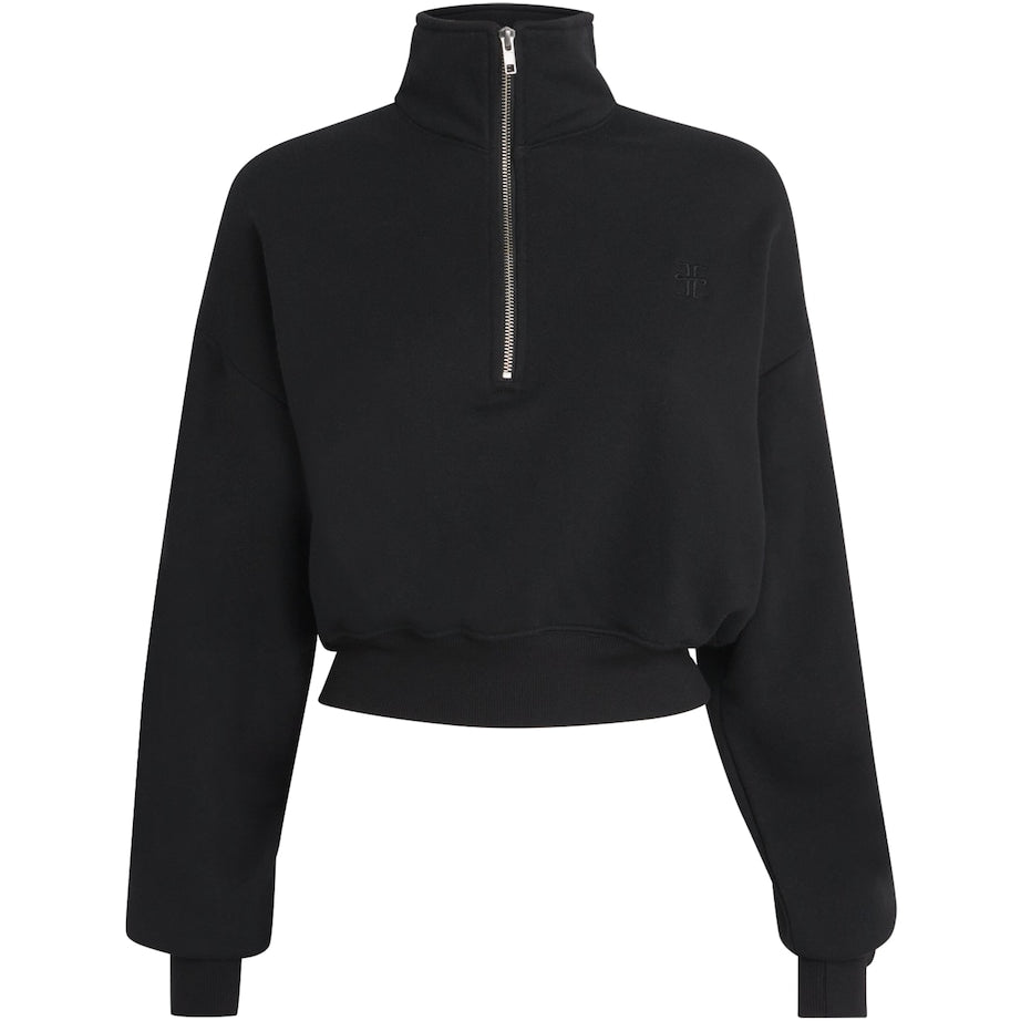 ÉTERNE Black Cropped Cotton-Blend Half-Zip Sweatshirt