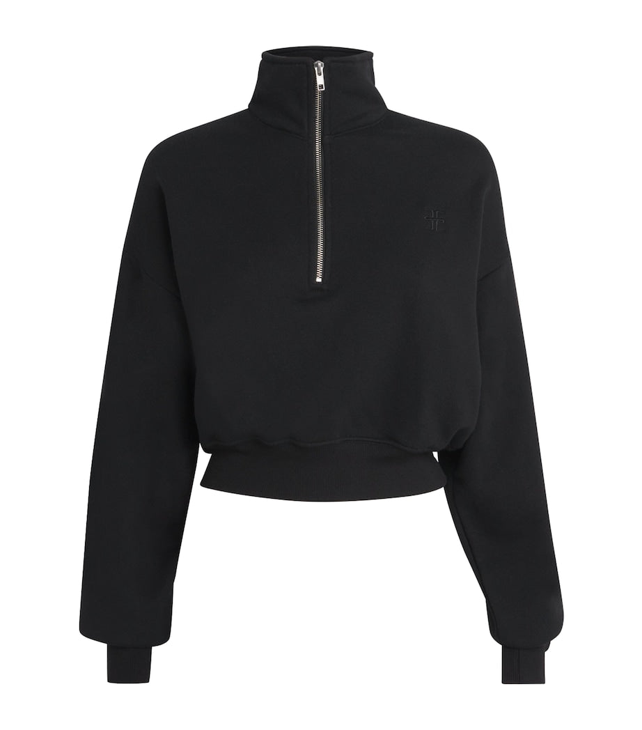 ÉTERNE Black Cropped Cotton-Blend Half-Zip Sweatshirt