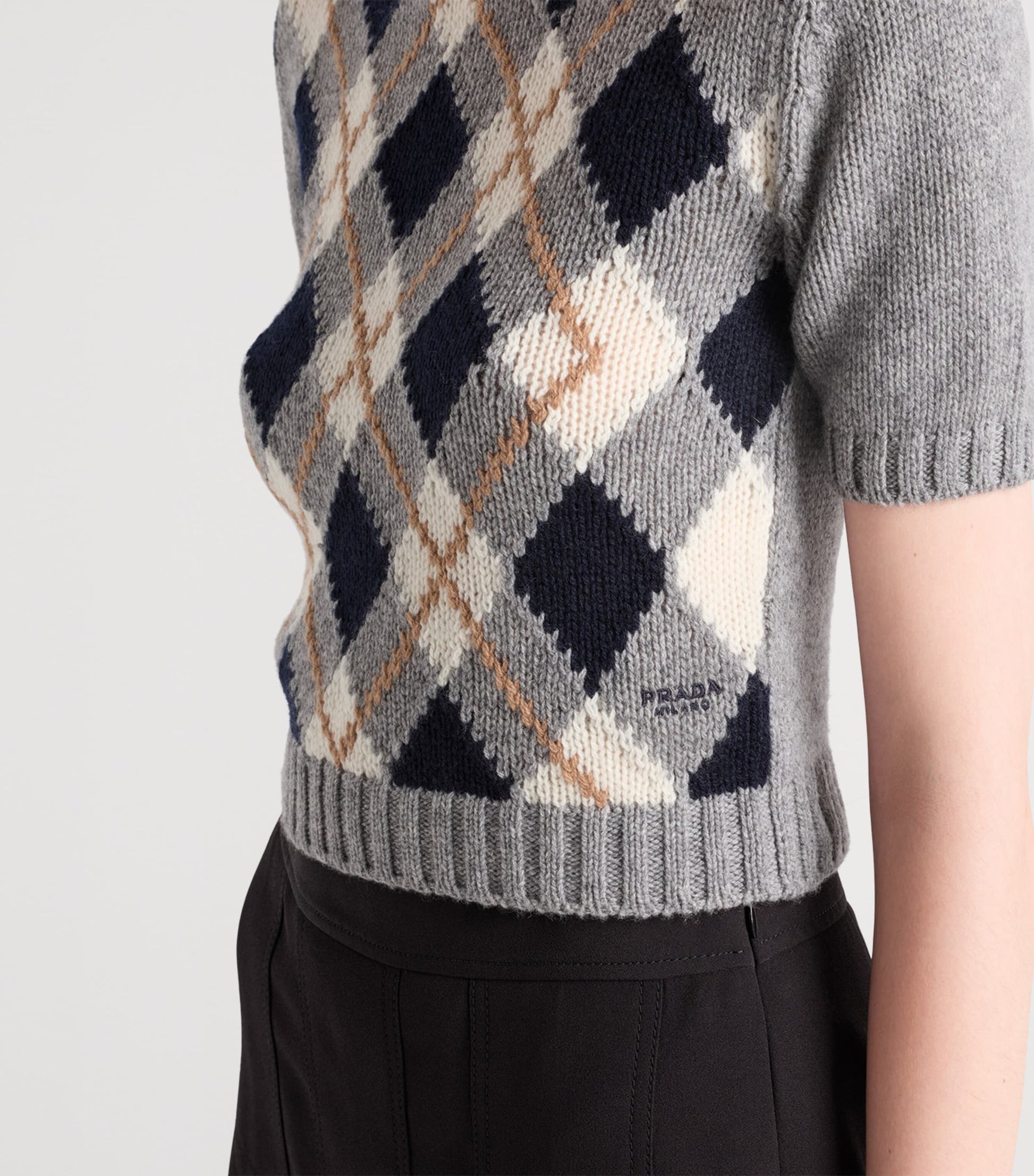 Grey Cashmere Argyle Short-Sleeve Sweater