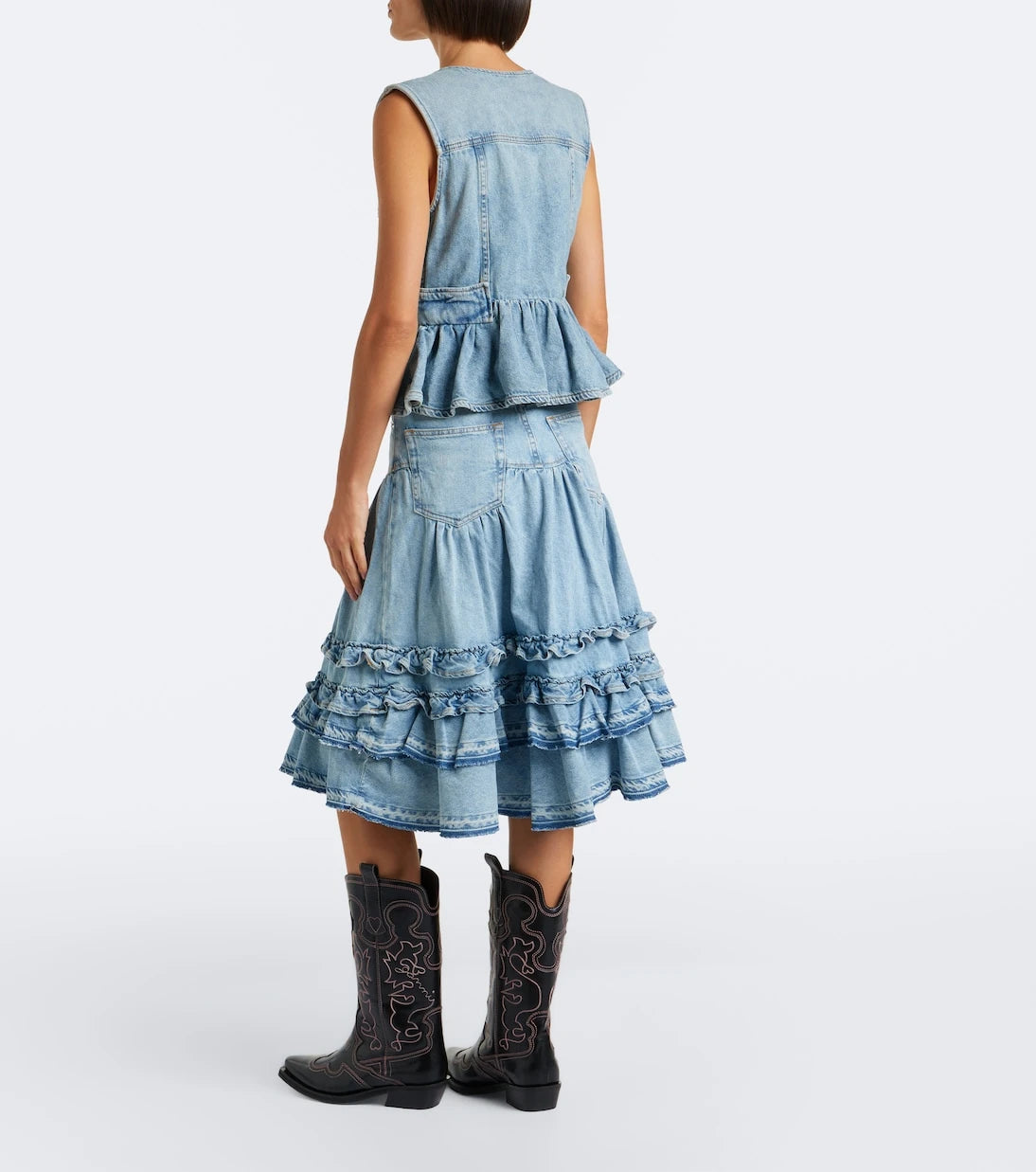 Ganni - Ruffled denim midi skirt