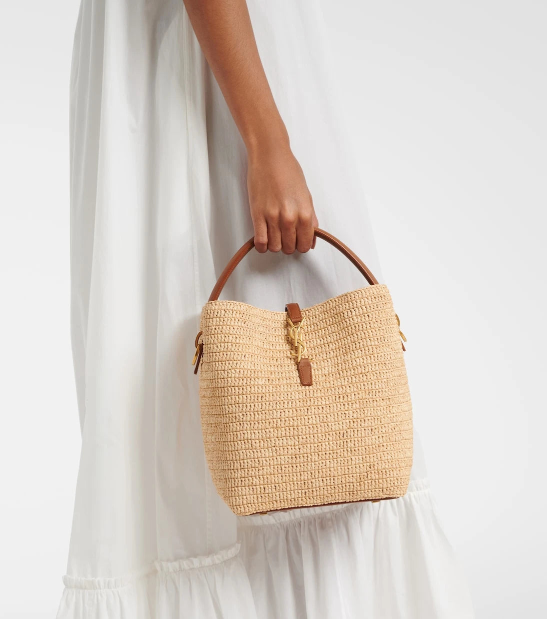 Saint Laurent - Le 37 leather-trimmed raffia bucket bag