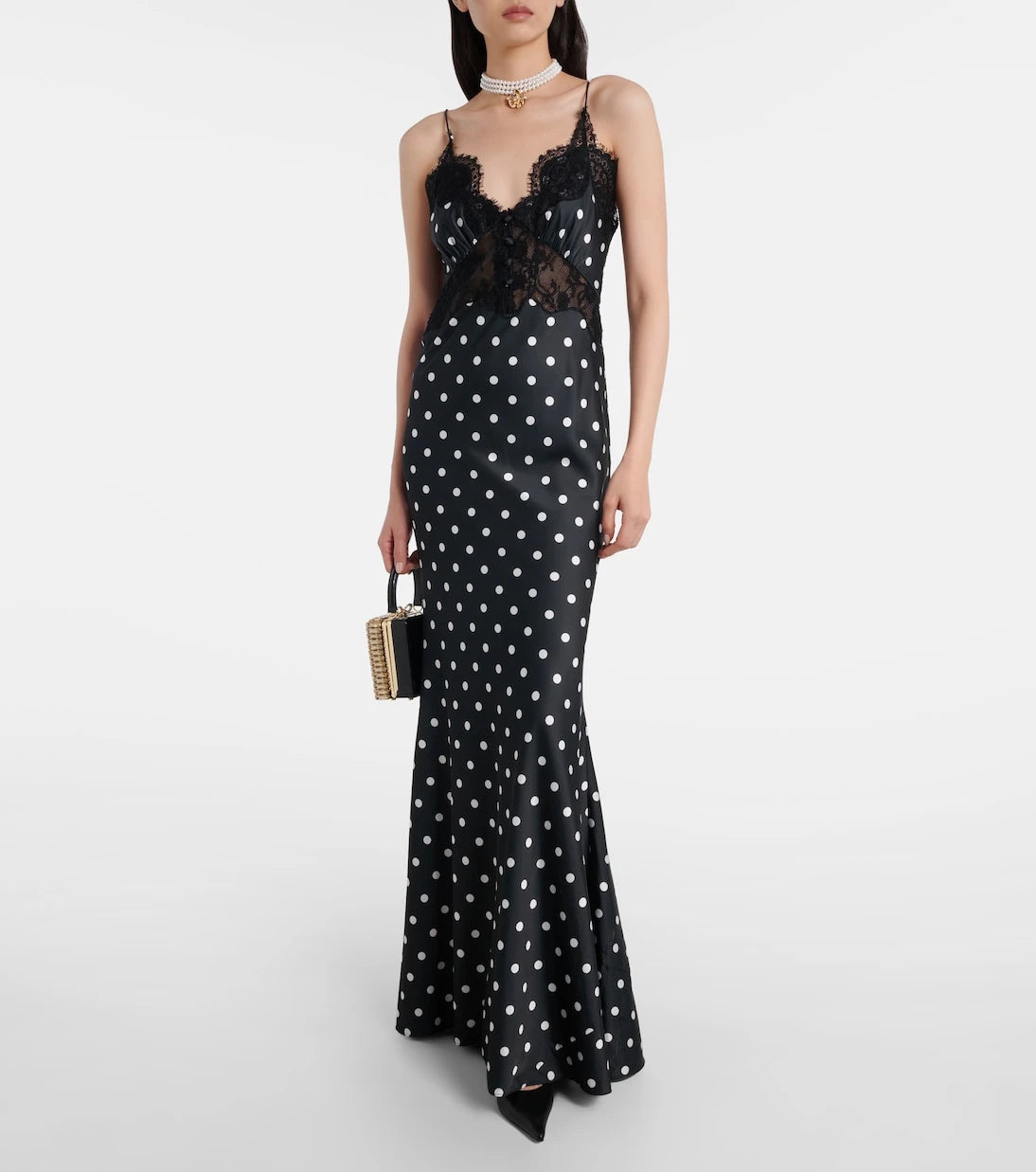 Self-Portrait - Polka-dot lace-trimmed satin gown