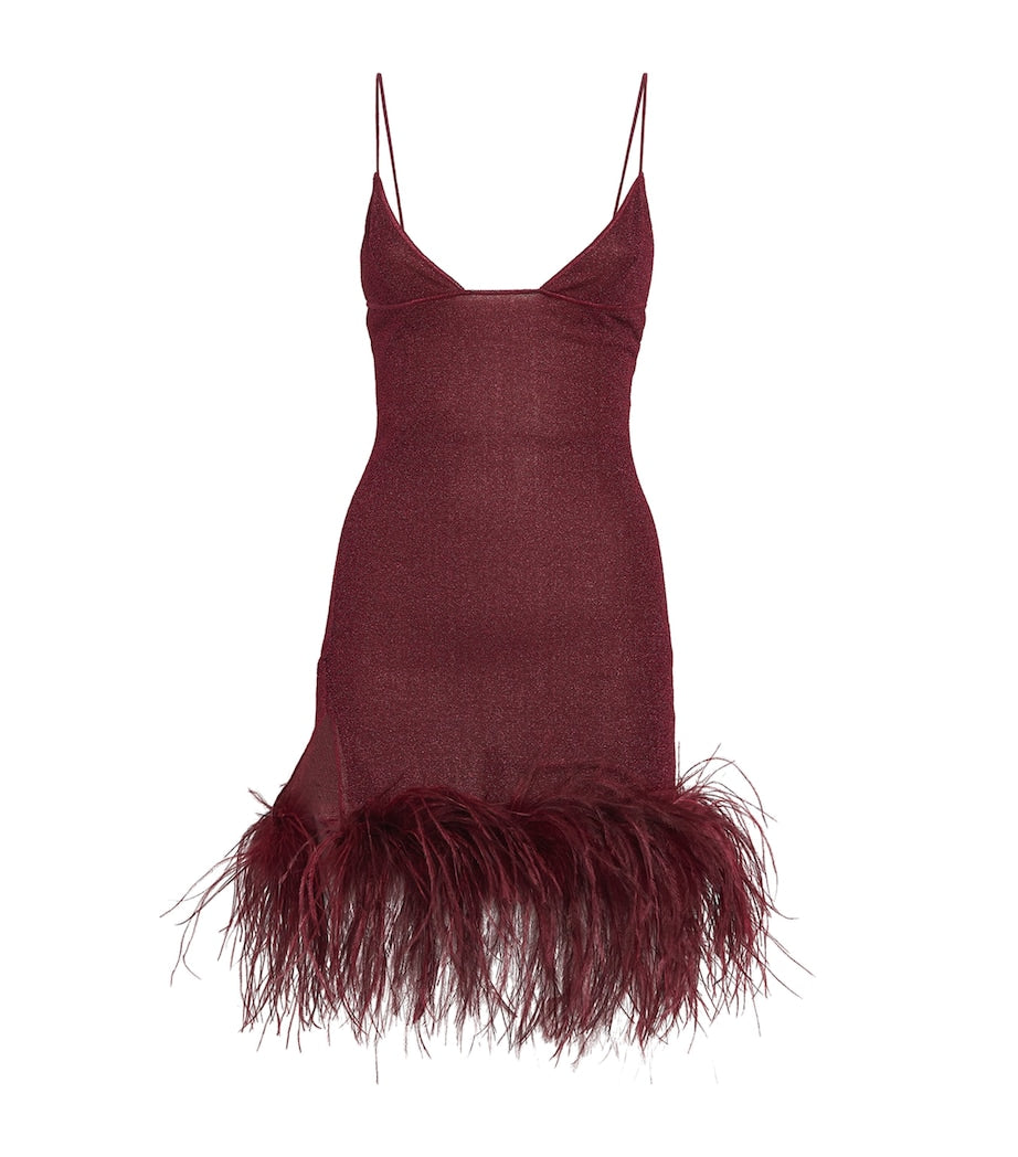 Oséree Burgundy Lumière Feather Mini Dress