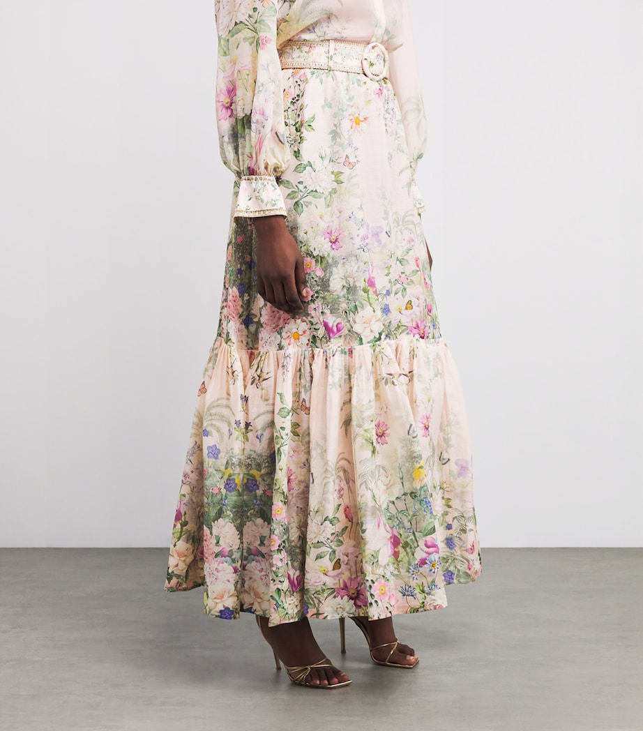 Pink Linen-Silk Belted Maxi Skirt