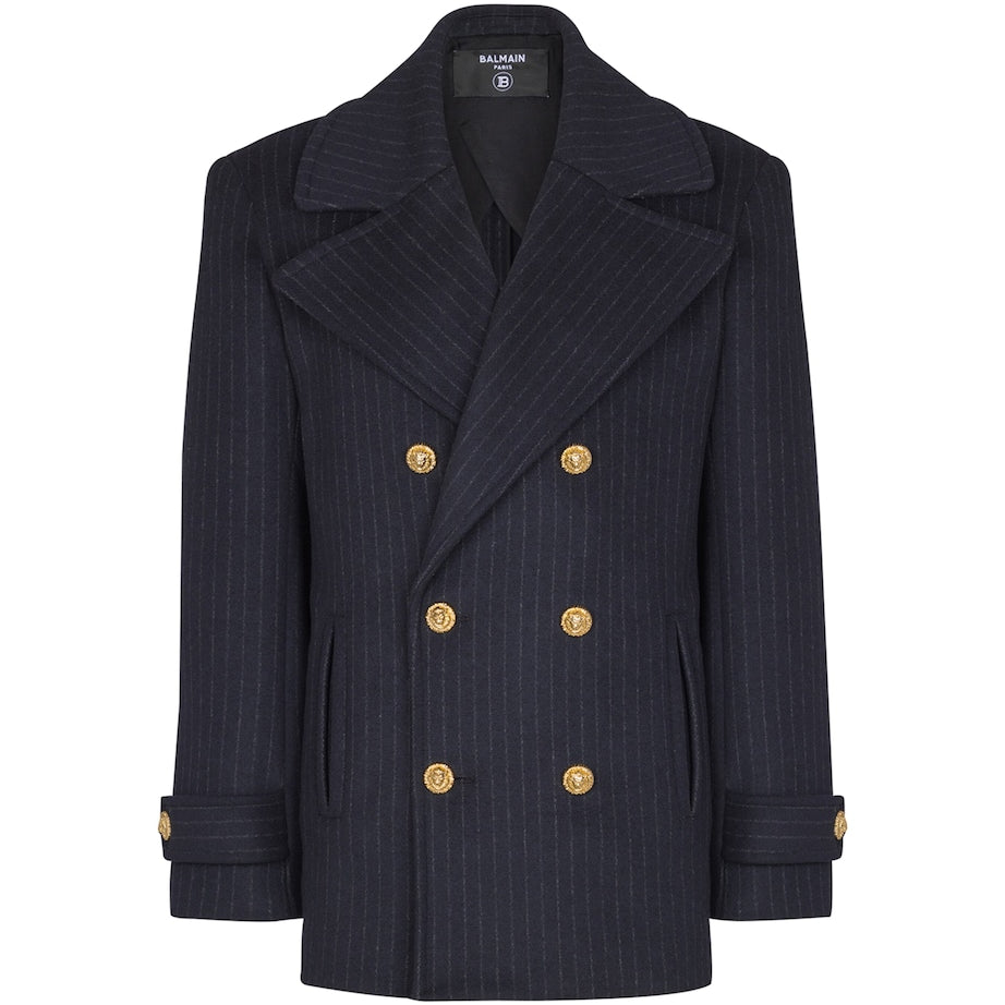 Balmain Merino Wool-Blend Stripe Pea Coat