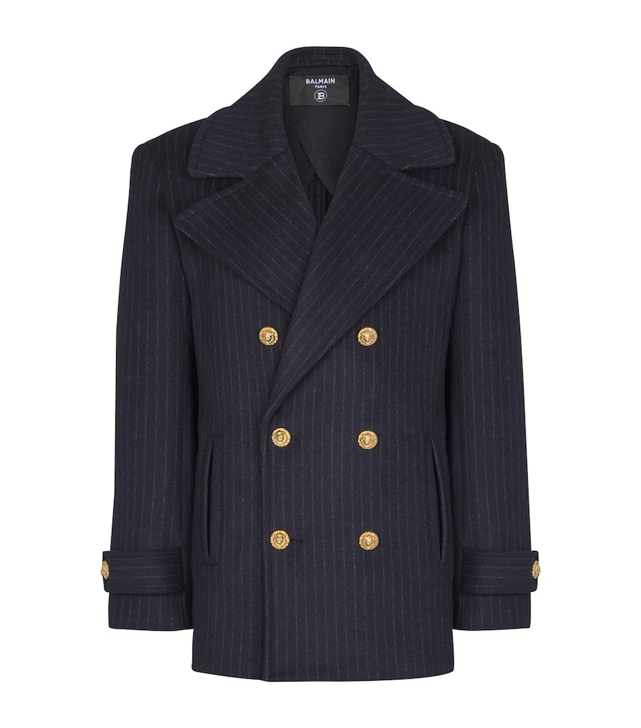 Balmain Merino Wool-Blend Stripe Pea Coat