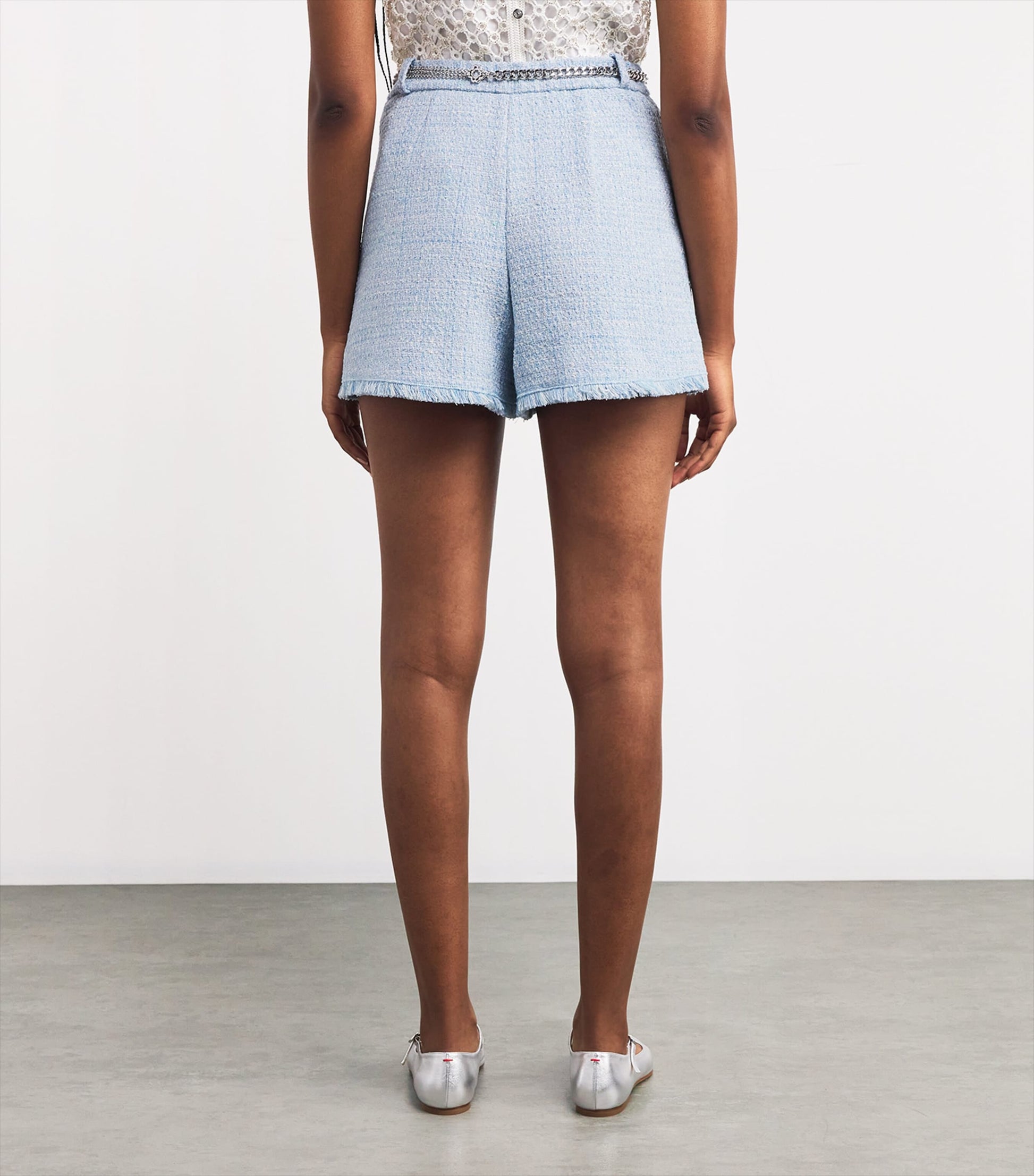 Blue Cotton-Blend Belted Tweed Shorts