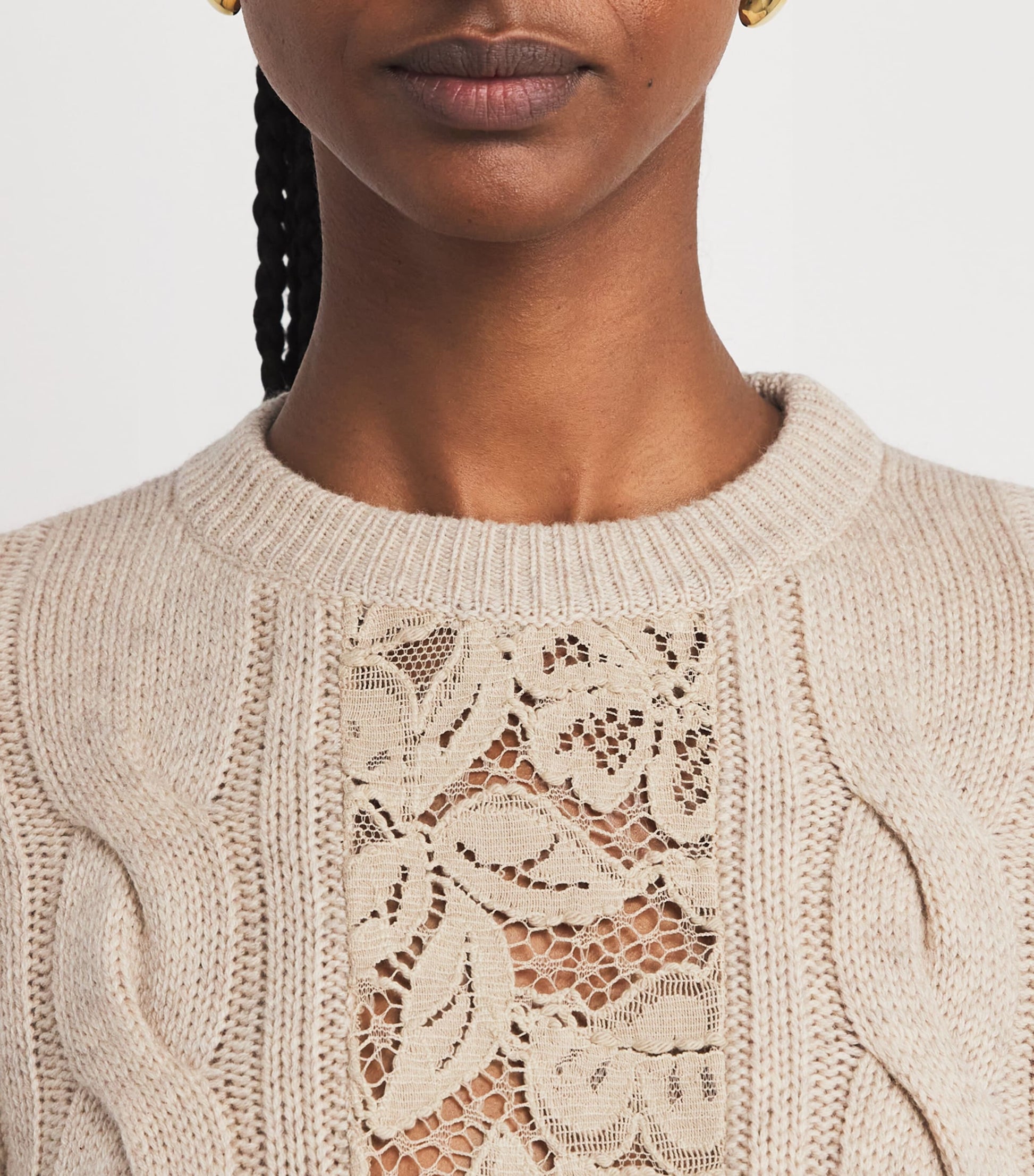 Max Mara Beige Wool-Cashmere Cable-Knit Lace Sweater