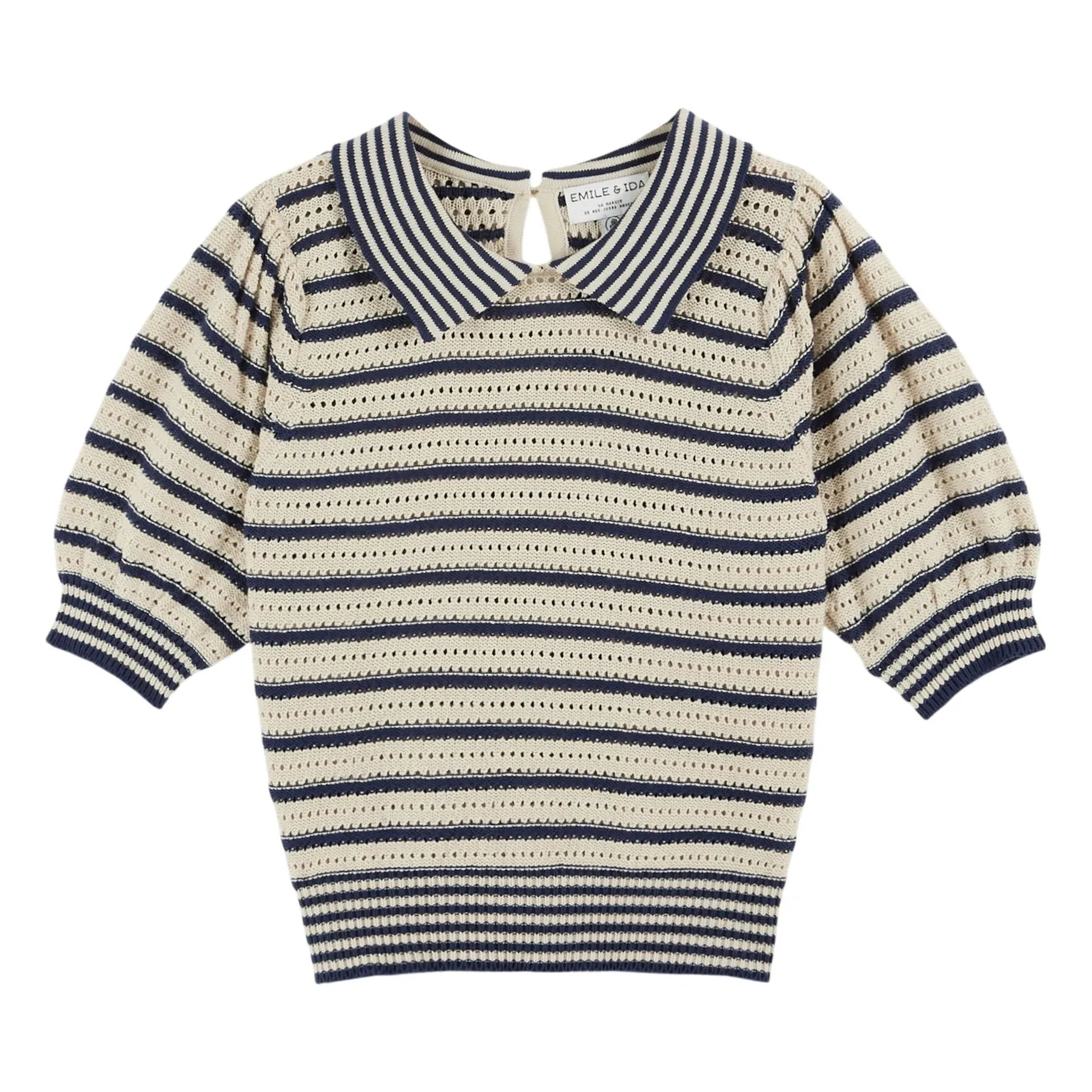 Emile et Ida - Organic cotton openwork stripes sweater | Navy blue