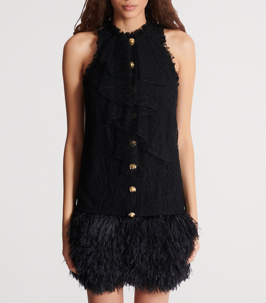 Balmain Black Cotton-Blend Lace and Feather Mini Dress