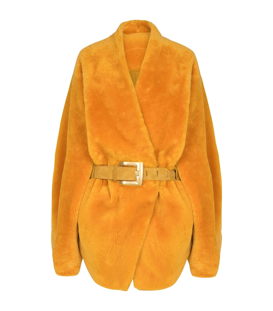 Gold Shearling Belted Wrap Coat
