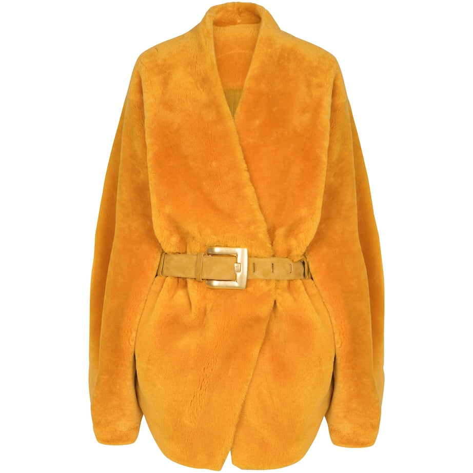 Gold Shearling Belted Wrap Coat