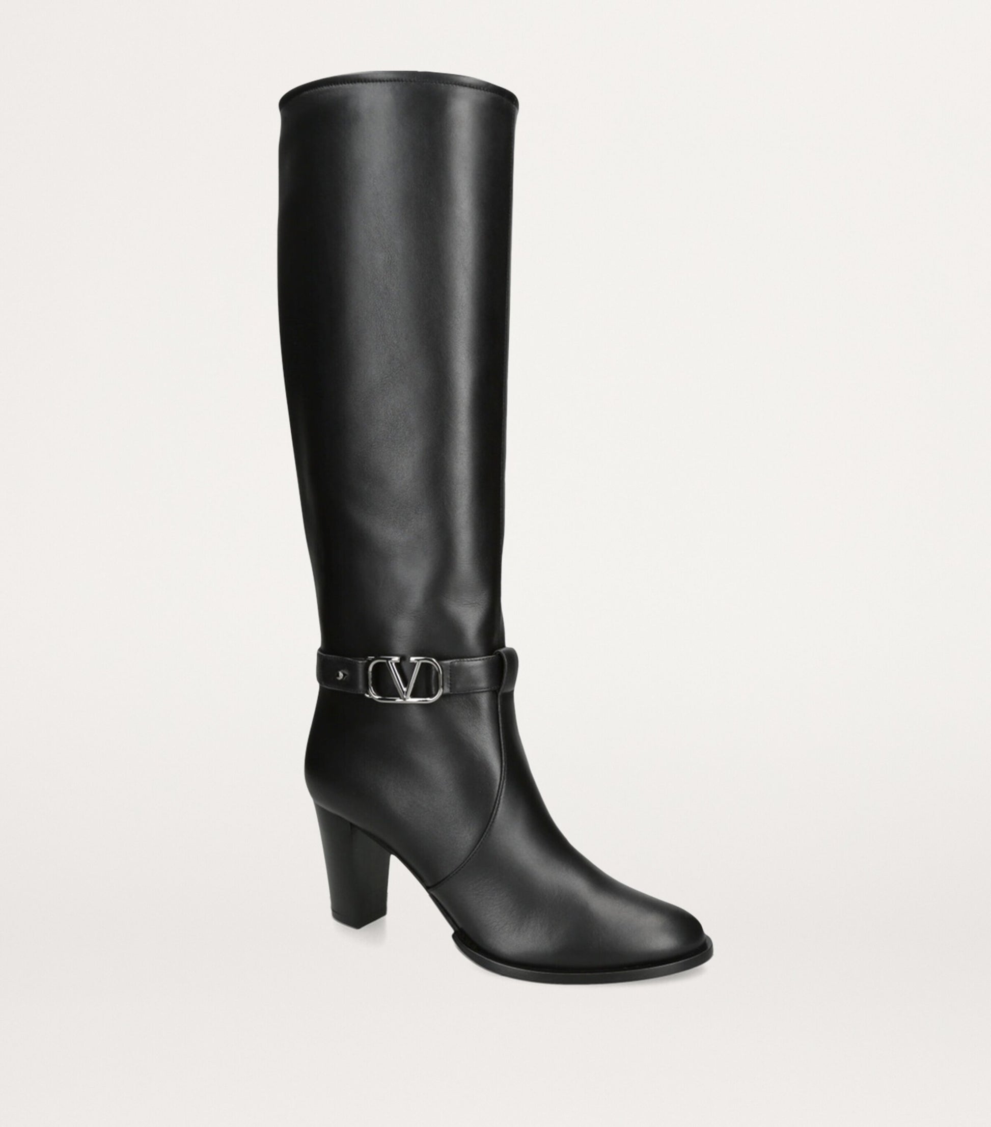 Valentino Garavani Black Leather VLogo Knee-High Boots 75