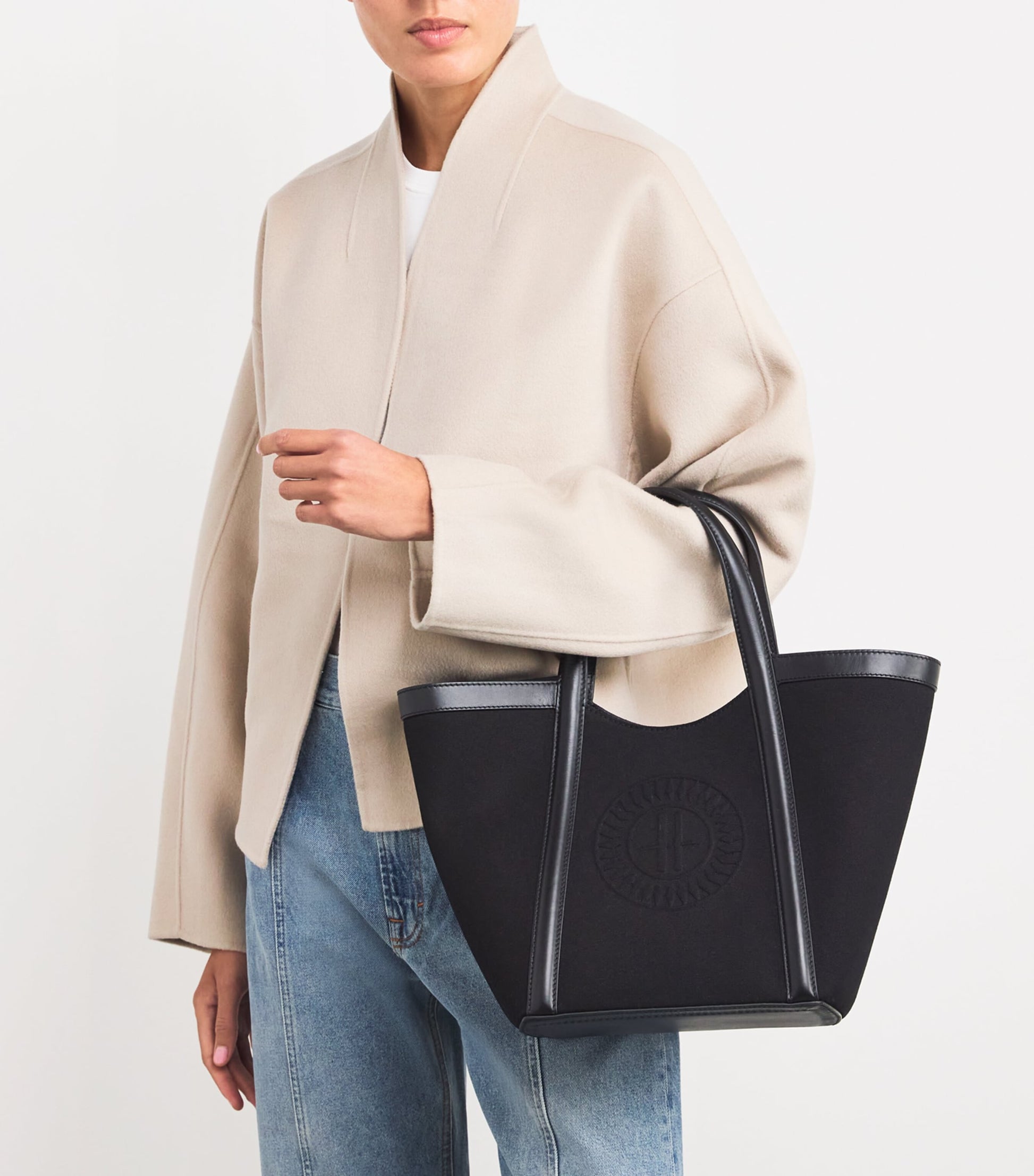 Small Canvas-Leather Embossed Tote Bag BLACK