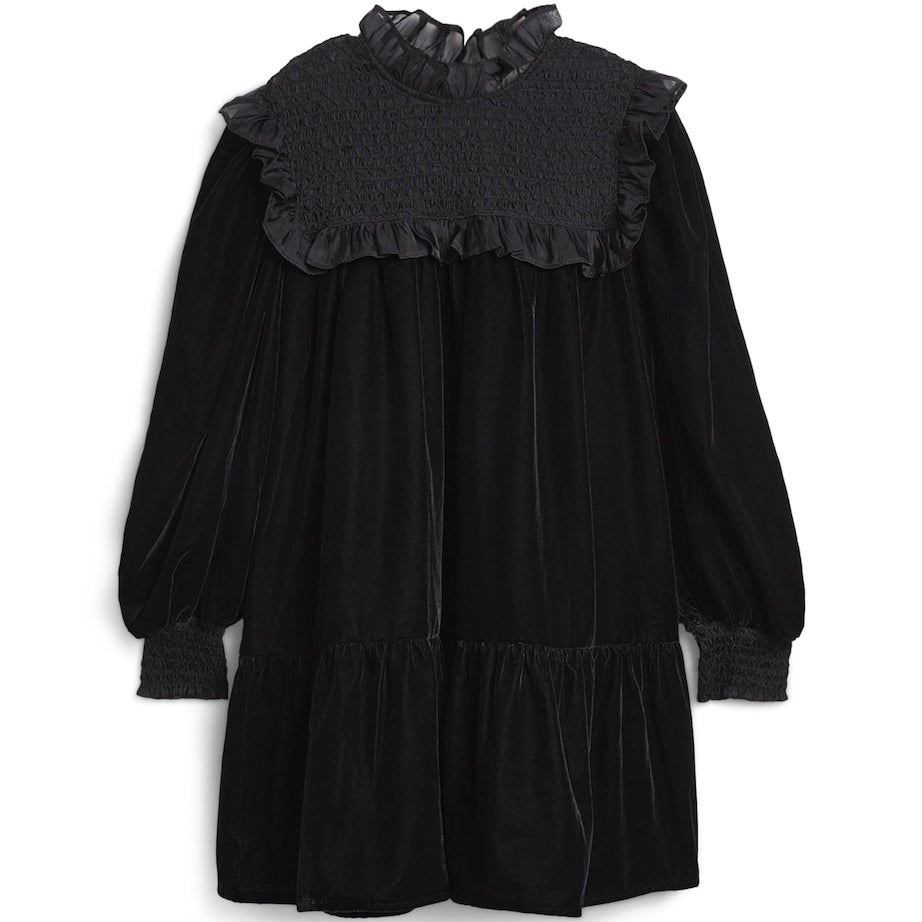 PETITE AMALIE Black Shirred Organza Velvet Dress (4-16 Years)
